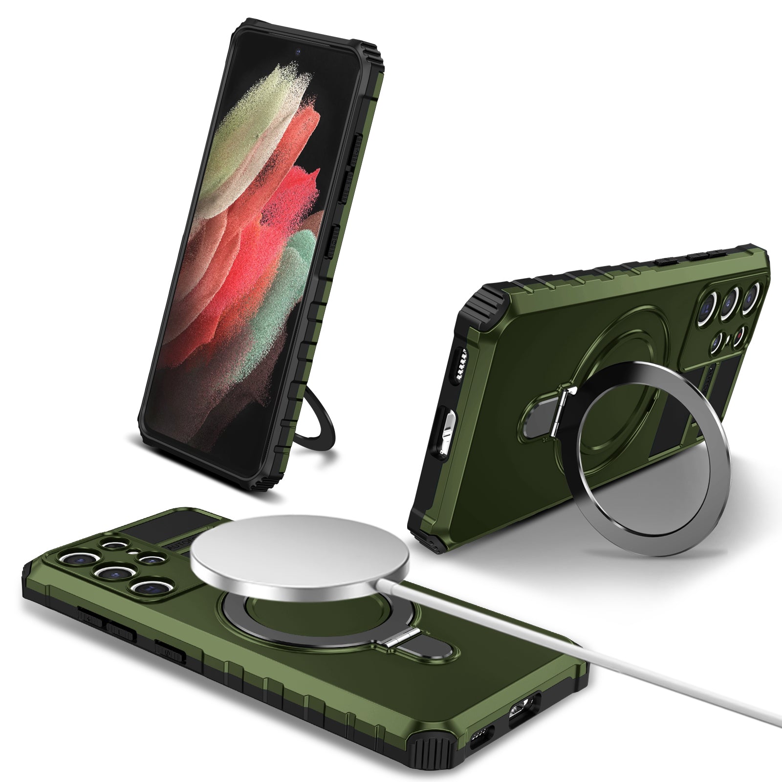 Uniqkart for Samsung Galaxy S21 Ultra 5G Magnetic Kickstand Case PC+TPU Scratch Resistant Phone Cover - Green
