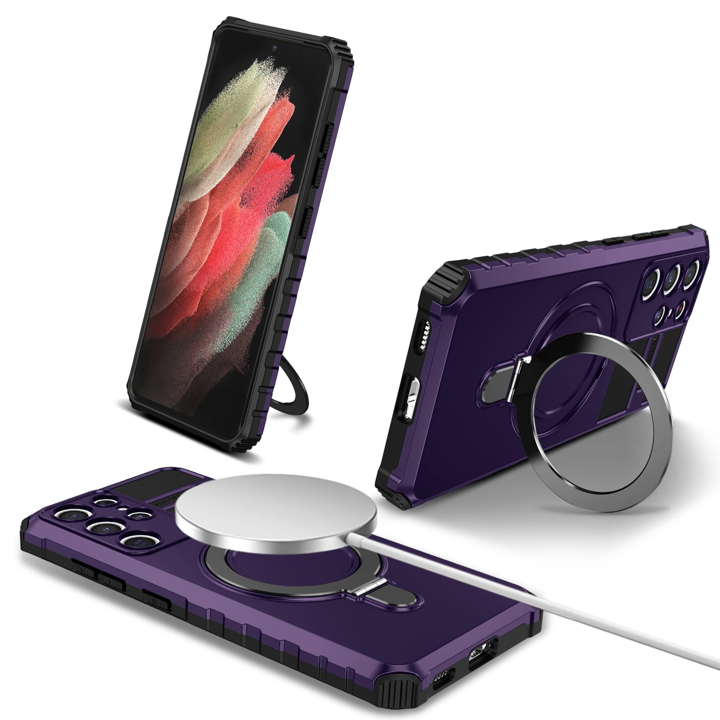 Uniqkart for Samsung Galaxy S21 Ultra 5G Magnetic Kickstand Case PC+TPU Scratch Resistant Phone Cover - Purple