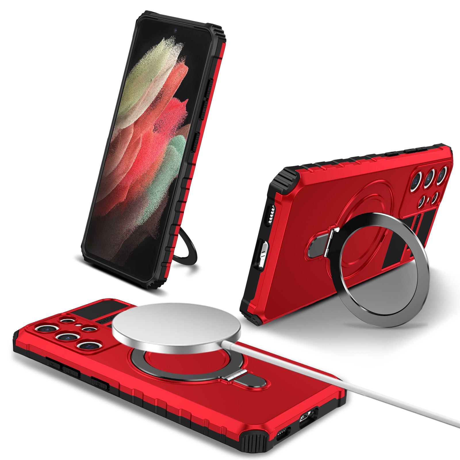 Uniqkart for Samsung Galaxy S21 Ultra 5G Magnetic Kickstand Case PC+TPU Scratch Resistant Phone Cover - Red