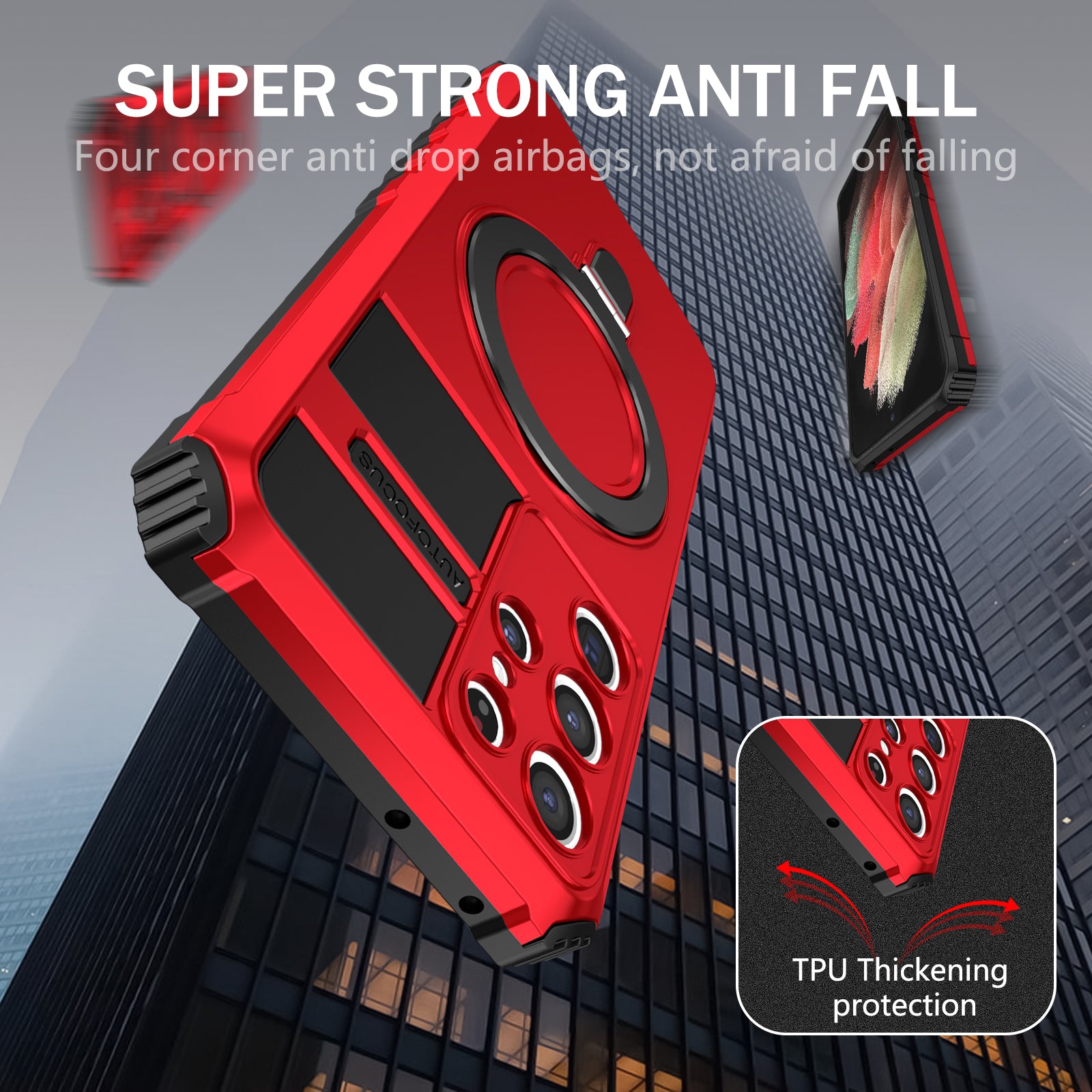 Uniqkart for Samsung Galaxy S21 Ultra 5G Magnetic Kickstand Case PC+TPU Scratch Resistant Phone Cover - Red