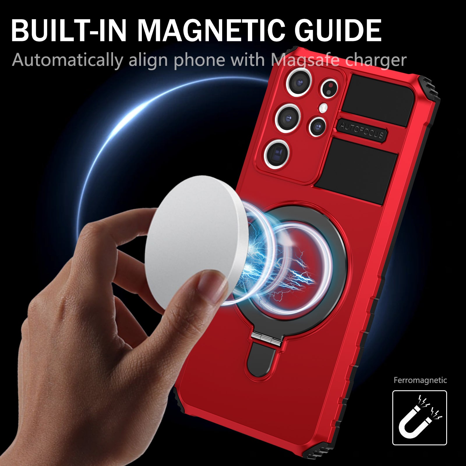 Uniqkart for Samsung Galaxy S21 Ultra 5G Magnetic Kickstand Case PC+TPU Scratch Resistant Phone Cover - Red