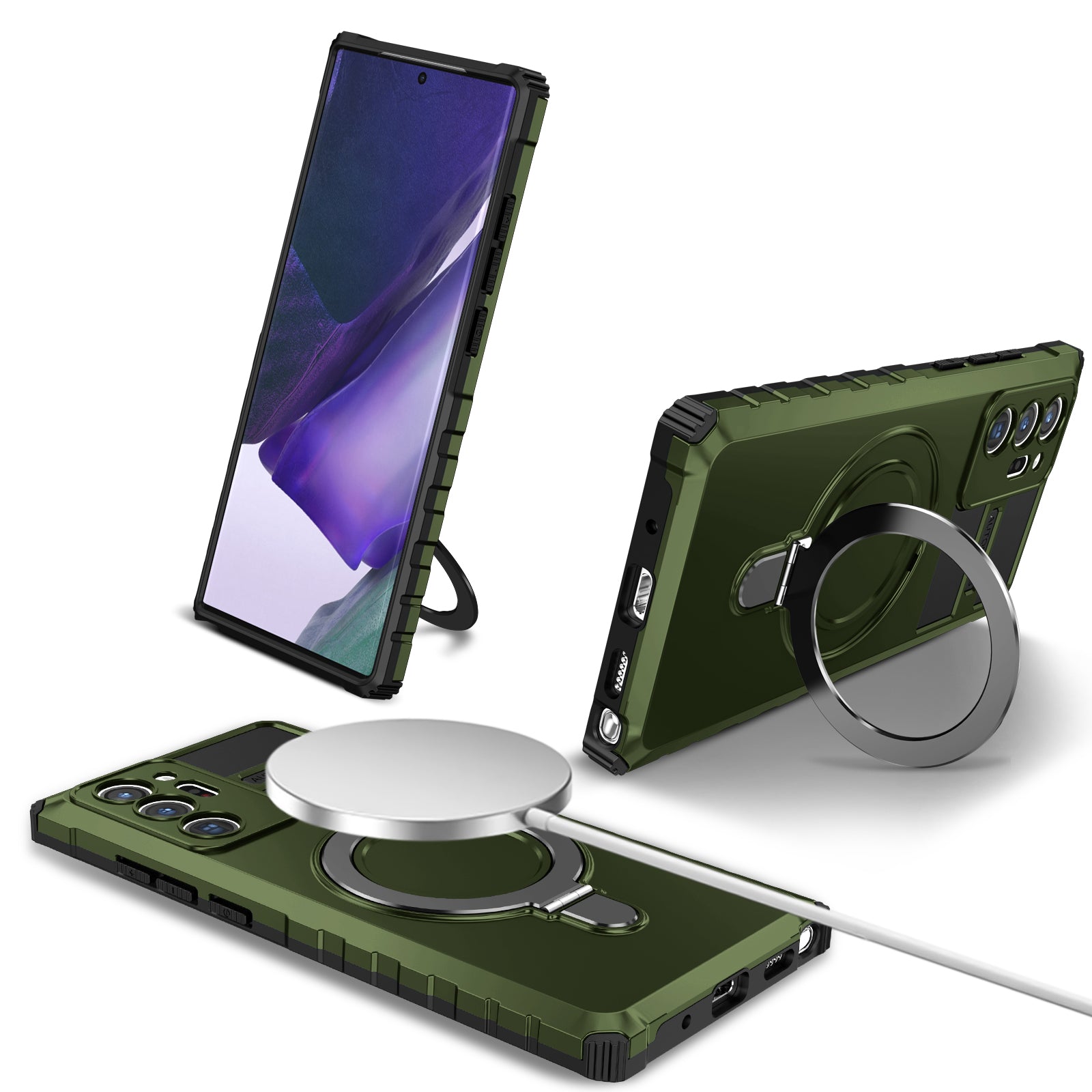 Magnetic Phone Case for Samsung Galaxy Note20 Ultra / Note20 Ultra 5G , Shockproof PC+TPU Kickstand Cover - Green
