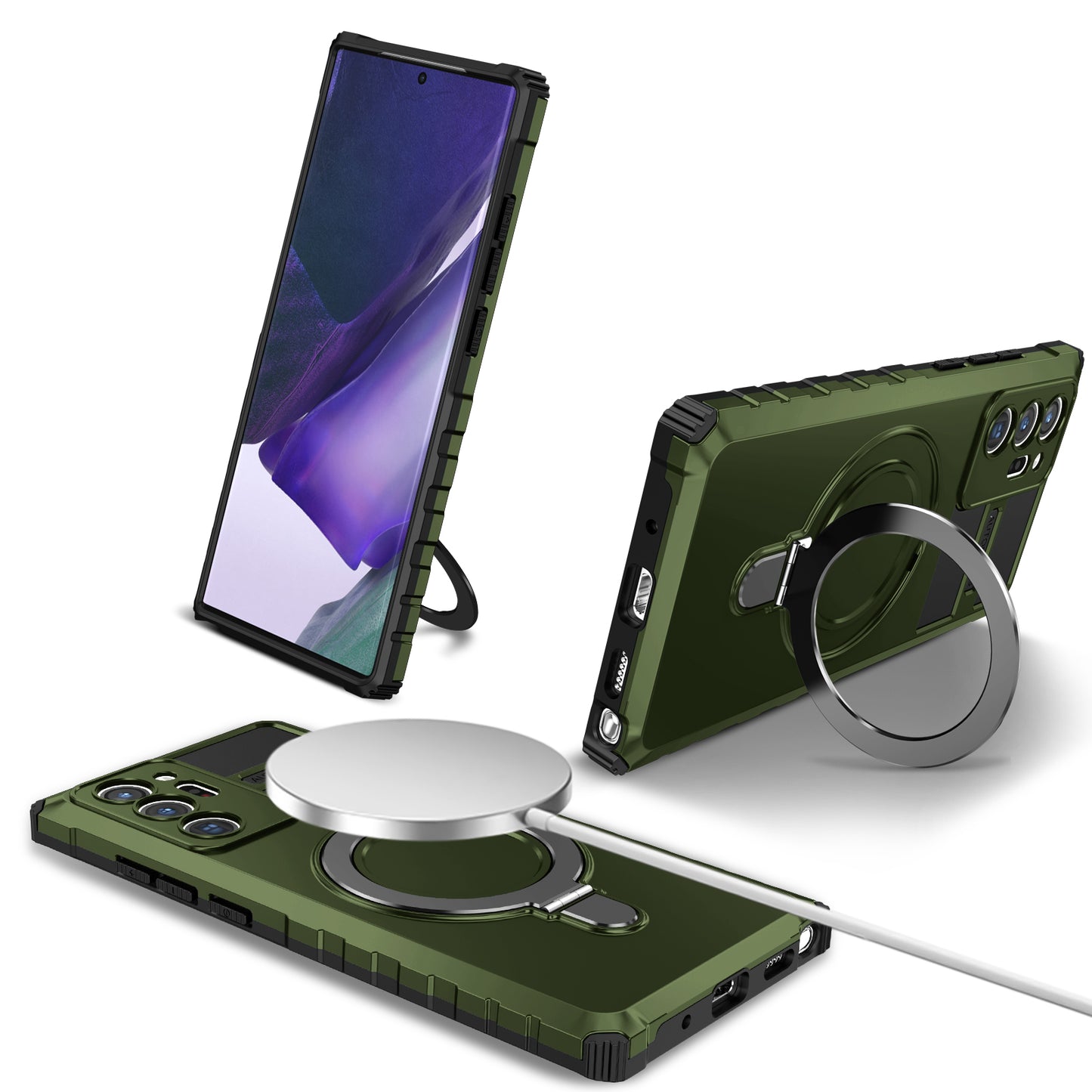 Magnetic Phone Case for Samsung Galaxy Note20 Ultra / Note20 Ultra 5G , Shockproof PC+TPU Kickstand Cover - Green