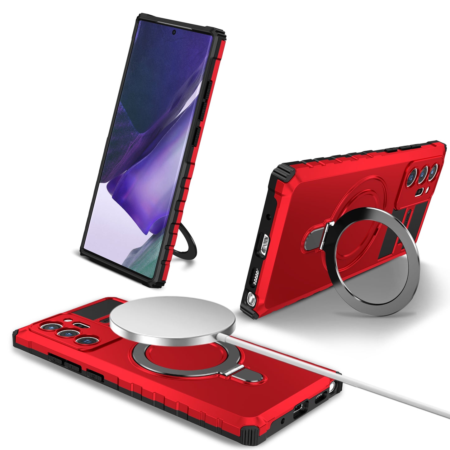 Magnetic Phone Case for Samsung Galaxy Note20 Ultra / Note20 Ultra 5G , Shockproof PC+TPU Kickstand Cover - Red