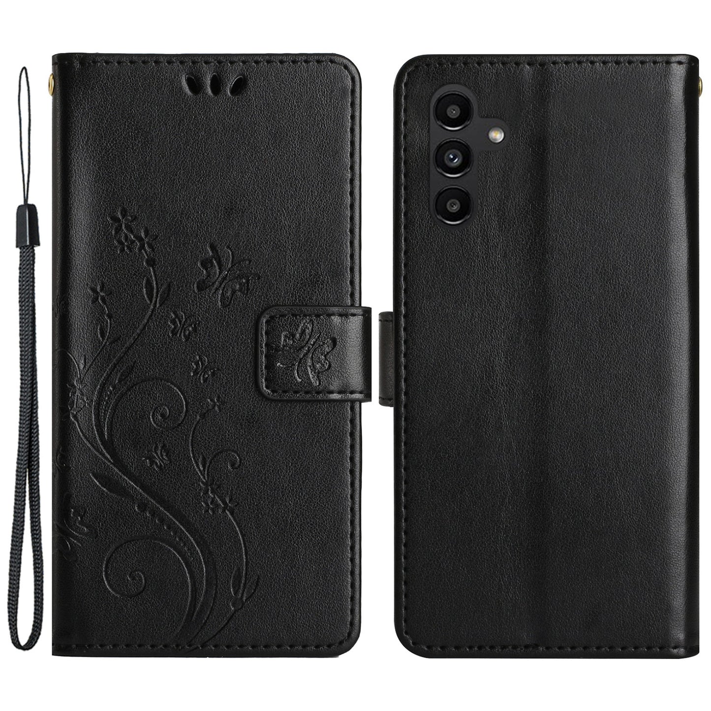 Uniqkart for Samsung Galaxy M14 5G Imprinted Butterflies PU Leather Phone Case Wallet Cover Stand with Strap - Black