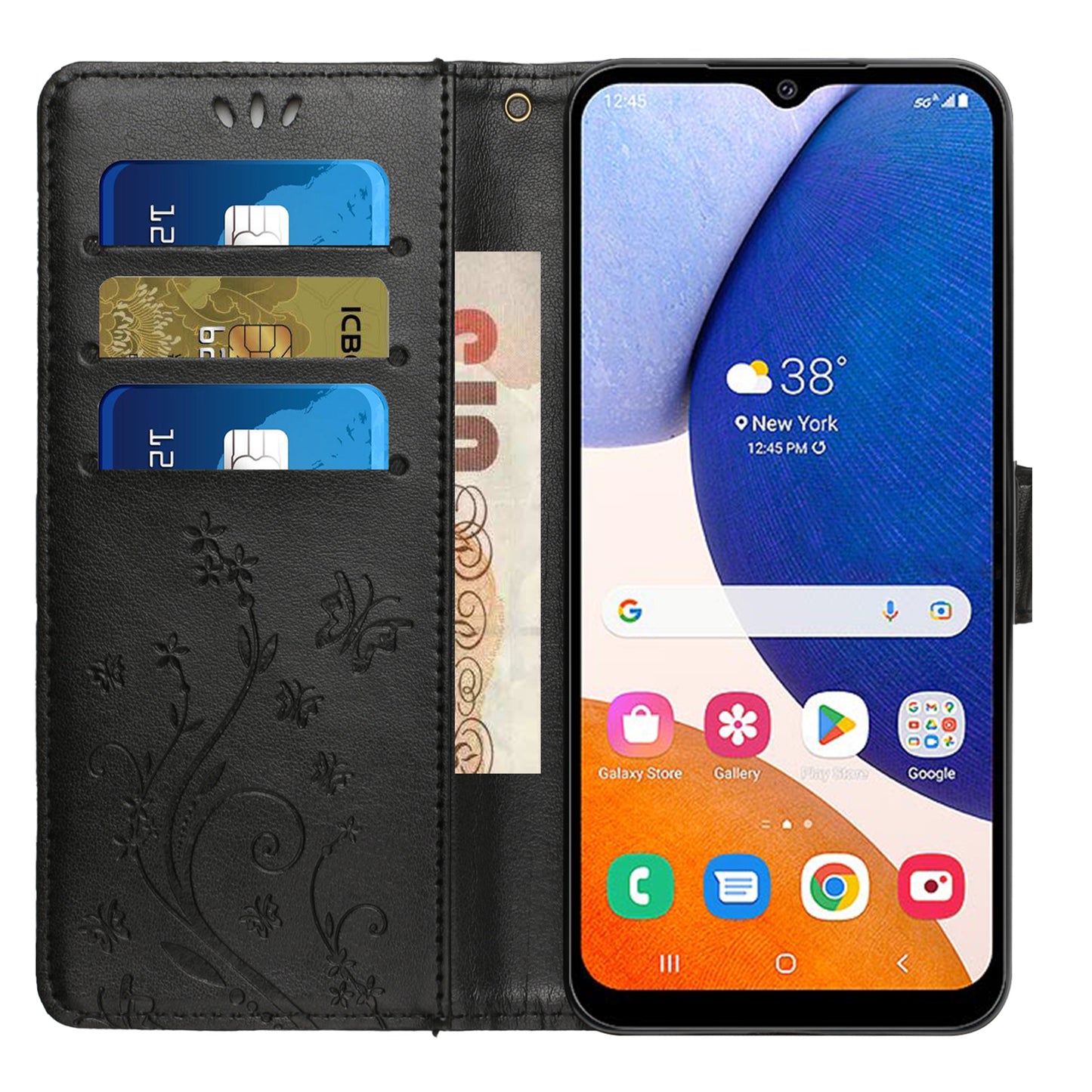 Uniqkart for Samsung Galaxy M14 5G Imprinted Butterflies PU Leather Phone Case Wallet Cover Stand with Strap - Black