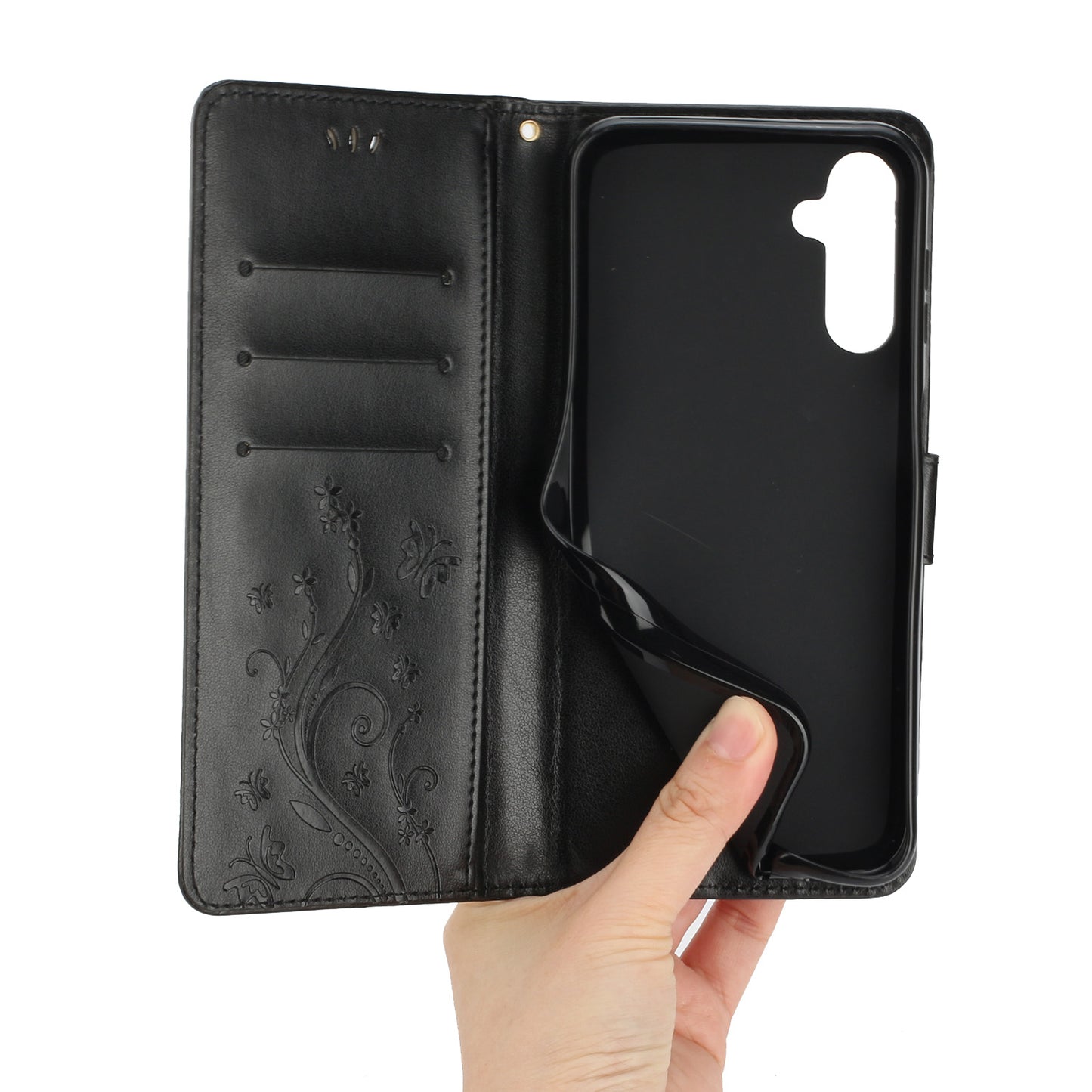 Uniqkart for Samsung Galaxy M14 5G Imprinted Butterflies PU Leather Phone Case Wallet Cover Stand with Strap - Black