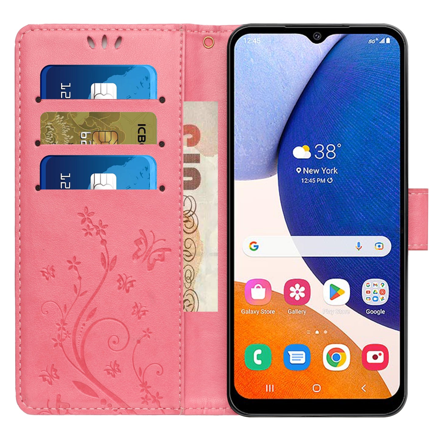 Uniqkart for Samsung Galaxy M14 5G Imprinted Butterflies PU Leather Phone Case Wallet Cover Stand with Strap - Pink