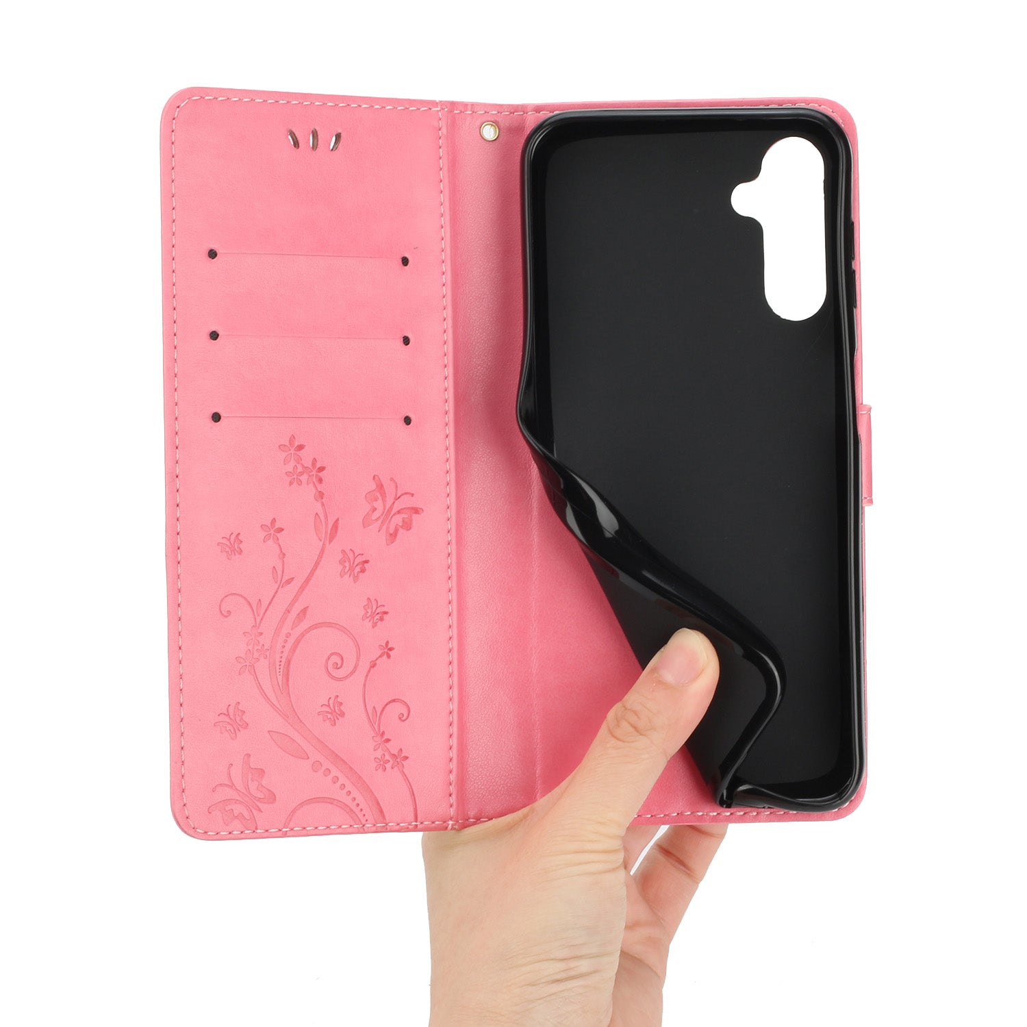 Uniqkart for Samsung Galaxy M14 5G Imprinted Butterflies PU Leather Phone Case Wallet Cover Stand with Strap - Pink