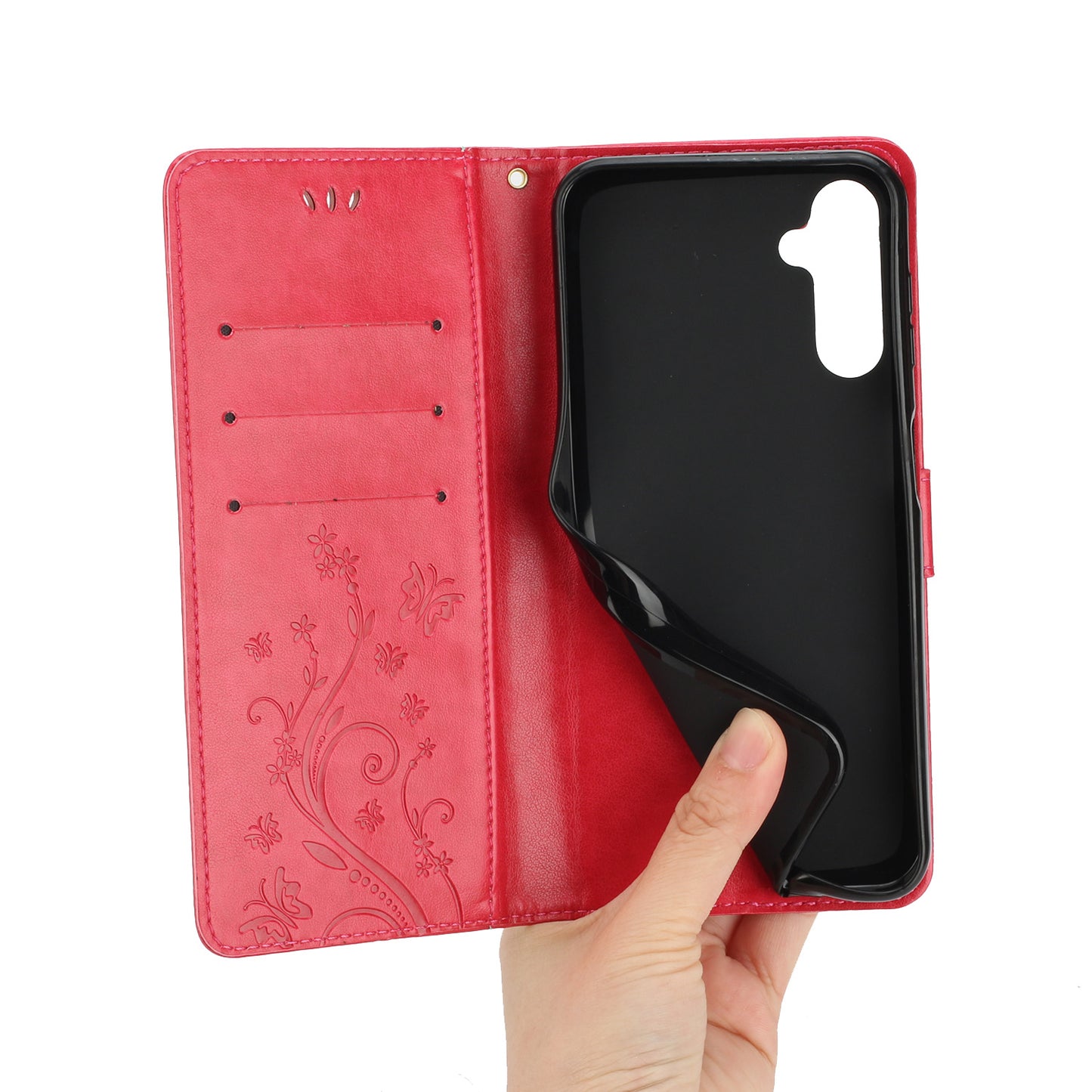 Uniqkart for Samsung Galaxy M14 5G Imprinted Butterflies PU Leather Phone Case Wallet Cover Stand with Strap - Red