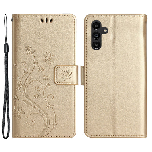 Uniqkart for Samsung Galaxy M14 5G Imprinted Butterflies PU Leather Phone Case Wallet Cover Stand with Strap - Gold