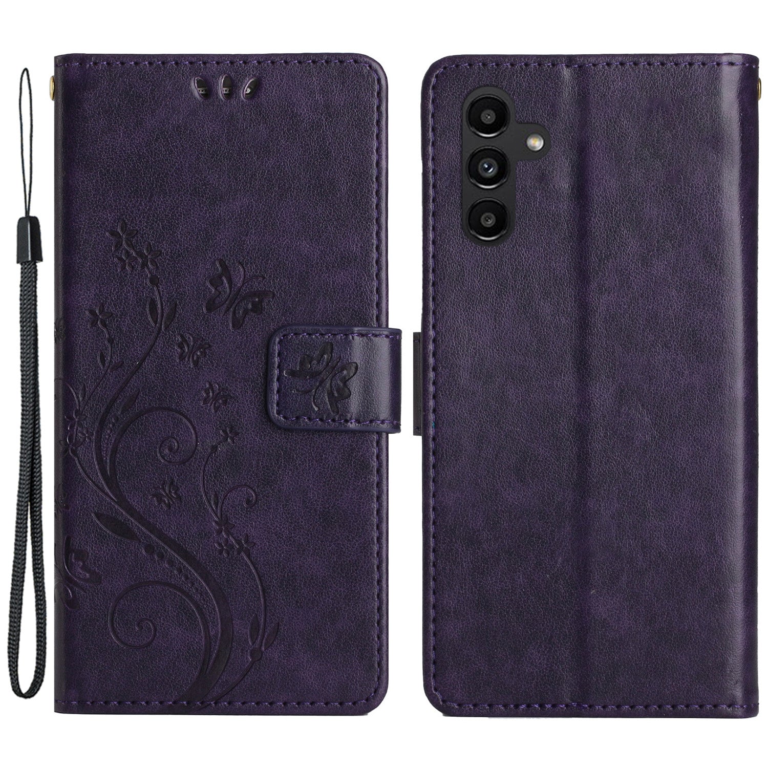 Uniqkart for Samsung Galaxy M14 5G Imprinted Butterflies PU Leather Phone Case Wallet Cover Stand with Strap - Dark Purple