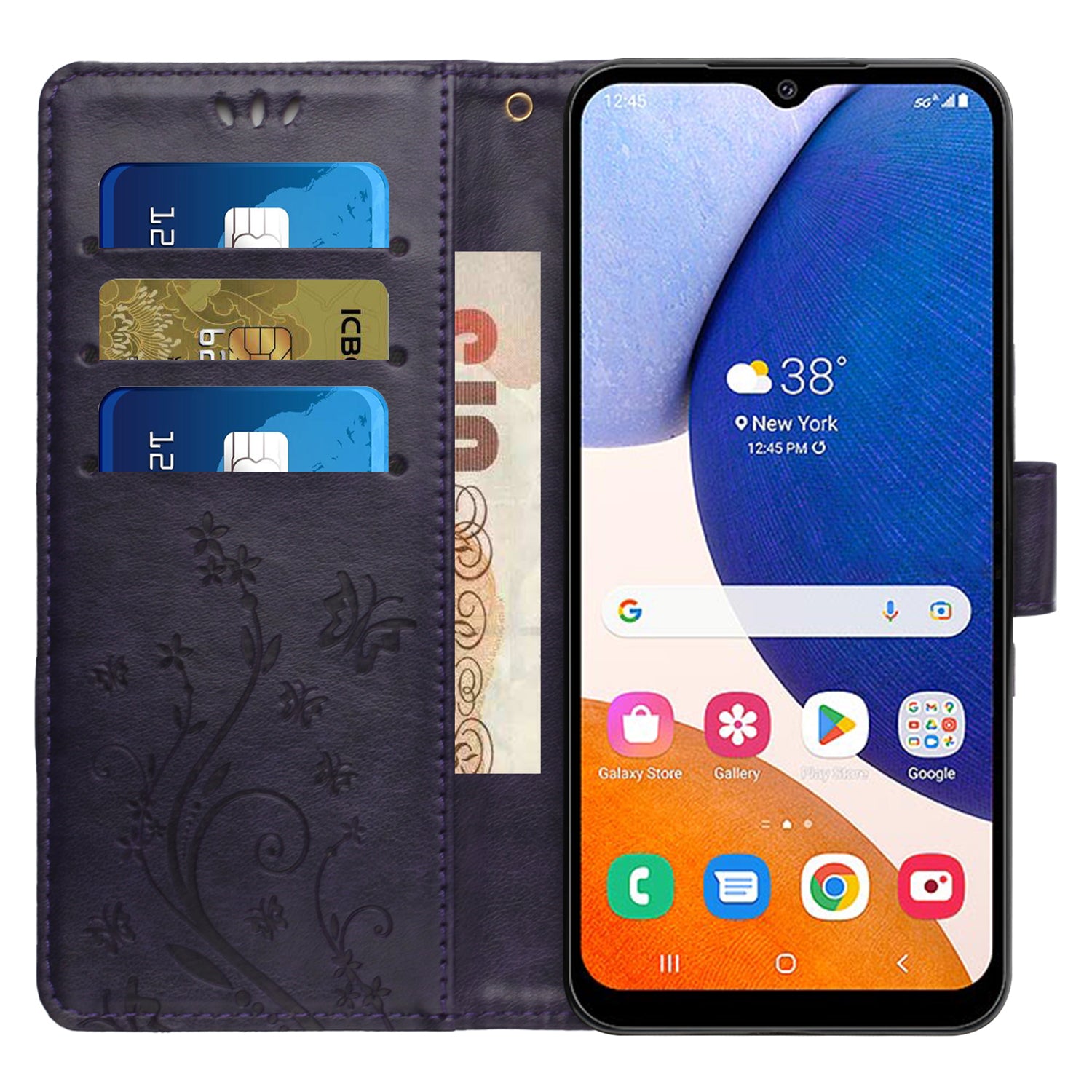 Uniqkart for Samsung Galaxy M14 5G Imprinted Butterflies PU Leather Phone Case Wallet Cover Stand with Strap - Dark Purple