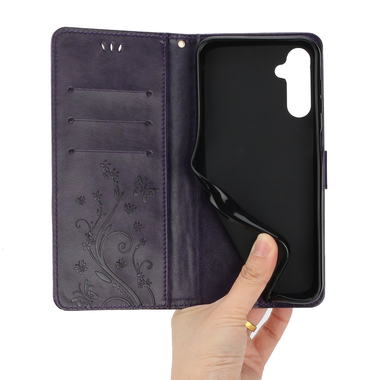 Uniqkart for Samsung Galaxy M14 5G Imprinted Butterflies PU Leather Phone Case Wallet Cover Stand with Strap - Dark Purple