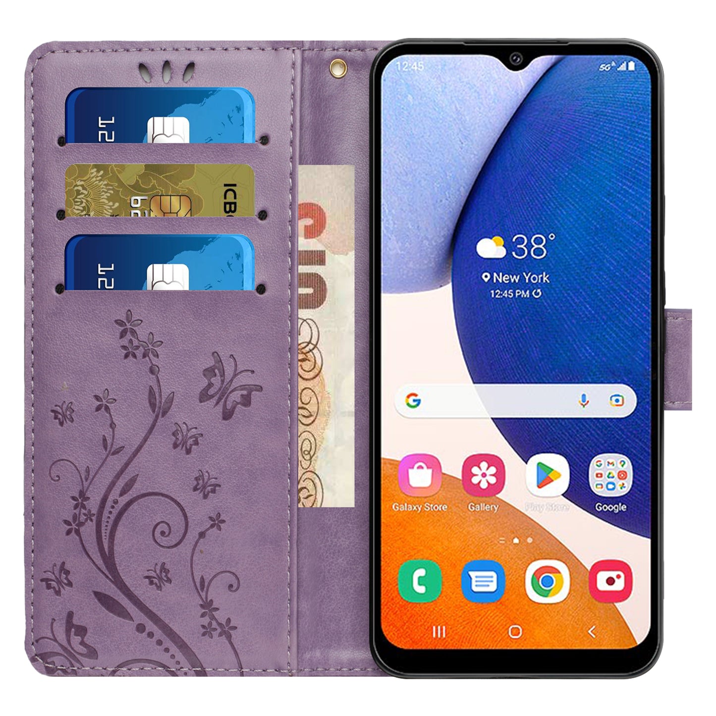 Uniqkart for Samsung Galaxy M14 5G Imprinted Butterflies PU Leather Phone Case Wallet Cover Stand with Strap - Light Purple