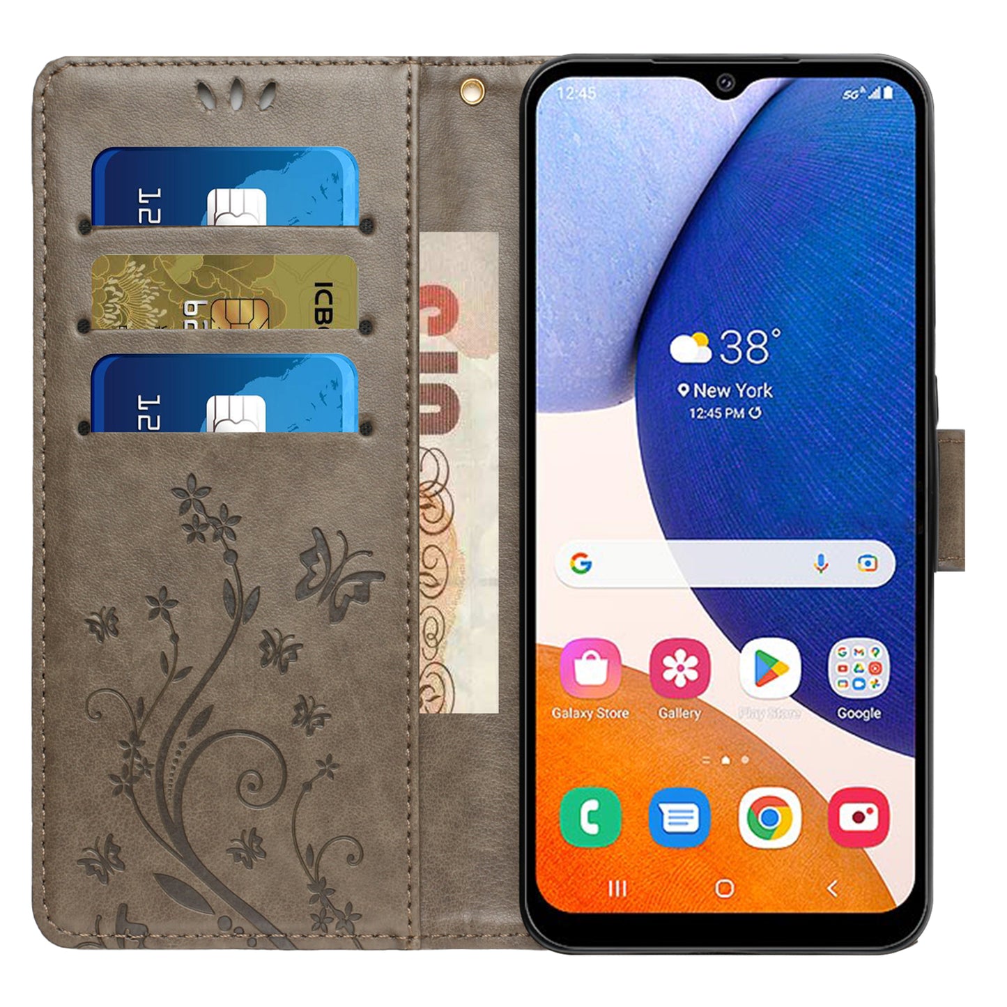 Uniqkart for Samsung Galaxy M14 5G Imprinted Butterflies PU Leather Phone Case Wallet Cover Stand with Strap - Grey