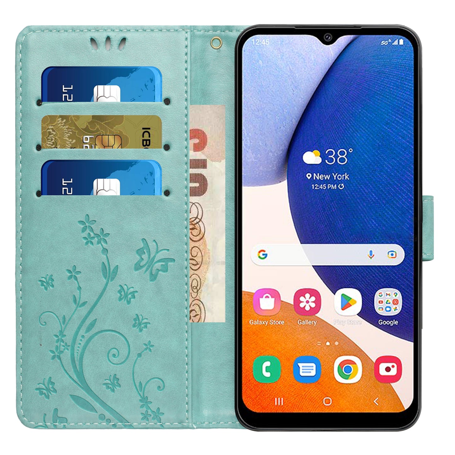 Uniqkart for Samsung Galaxy M14 5G Imprinted Butterflies PU Leather Phone Case Wallet Cover Stand with Strap - Baby Blue