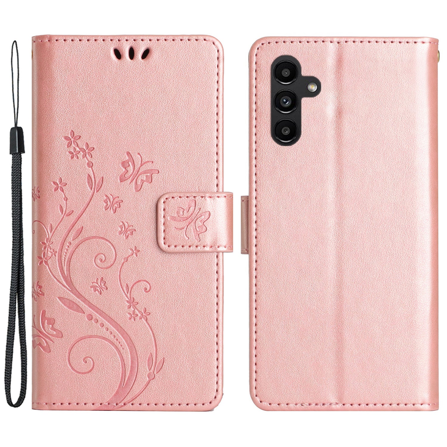 Uniqkart for Samsung Galaxy M14 5G Imprinted Butterflies PU Leather Phone Case Wallet Cover Stand with Strap - Rose Gold