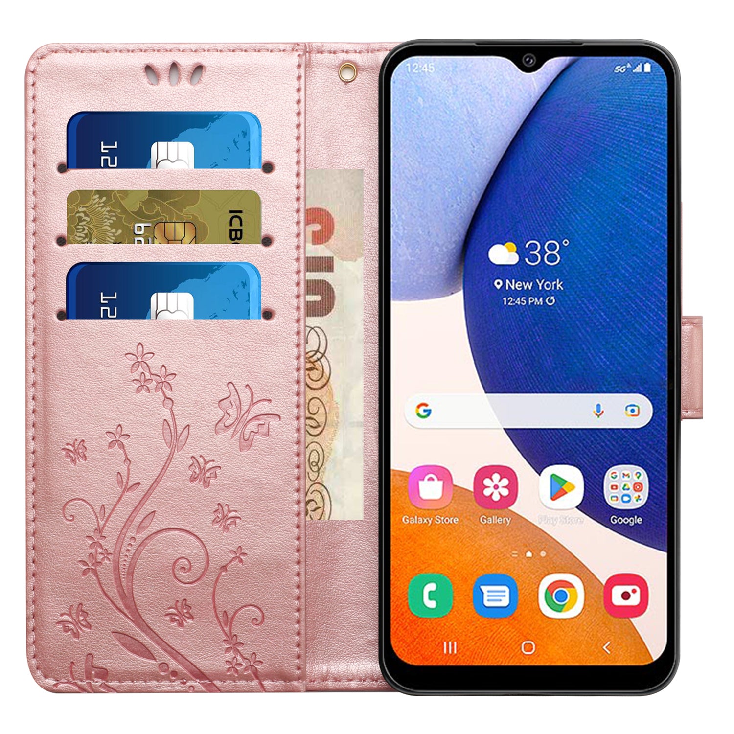 Uniqkart for Samsung Galaxy M14 5G Imprinted Butterflies PU Leather Phone Case Wallet Cover Stand with Strap - Rose Gold