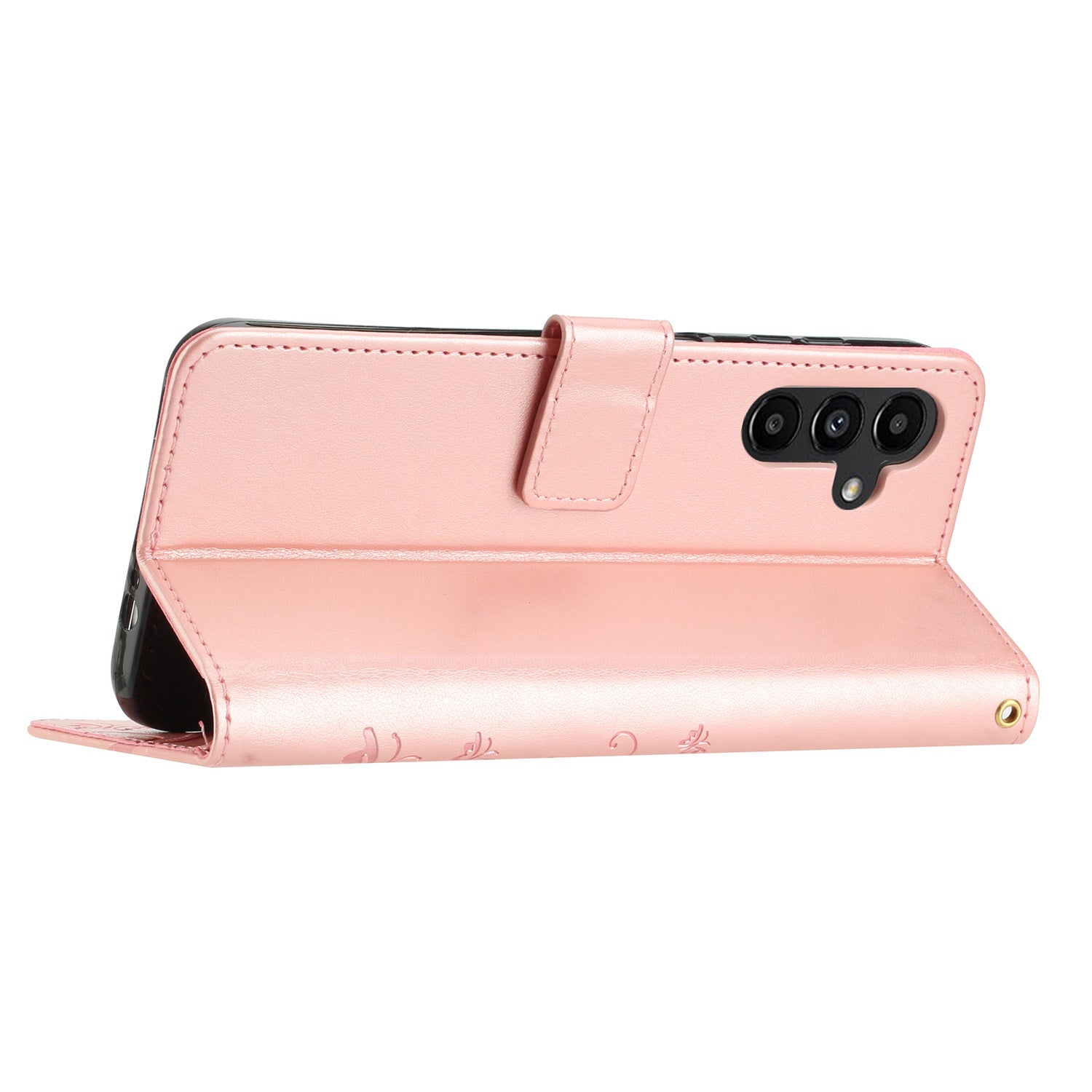 Uniqkart for Samsung Galaxy M14 5G Imprinted Butterflies PU Leather Phone Case Wallet Cover Stand with Strap - Rose Gold