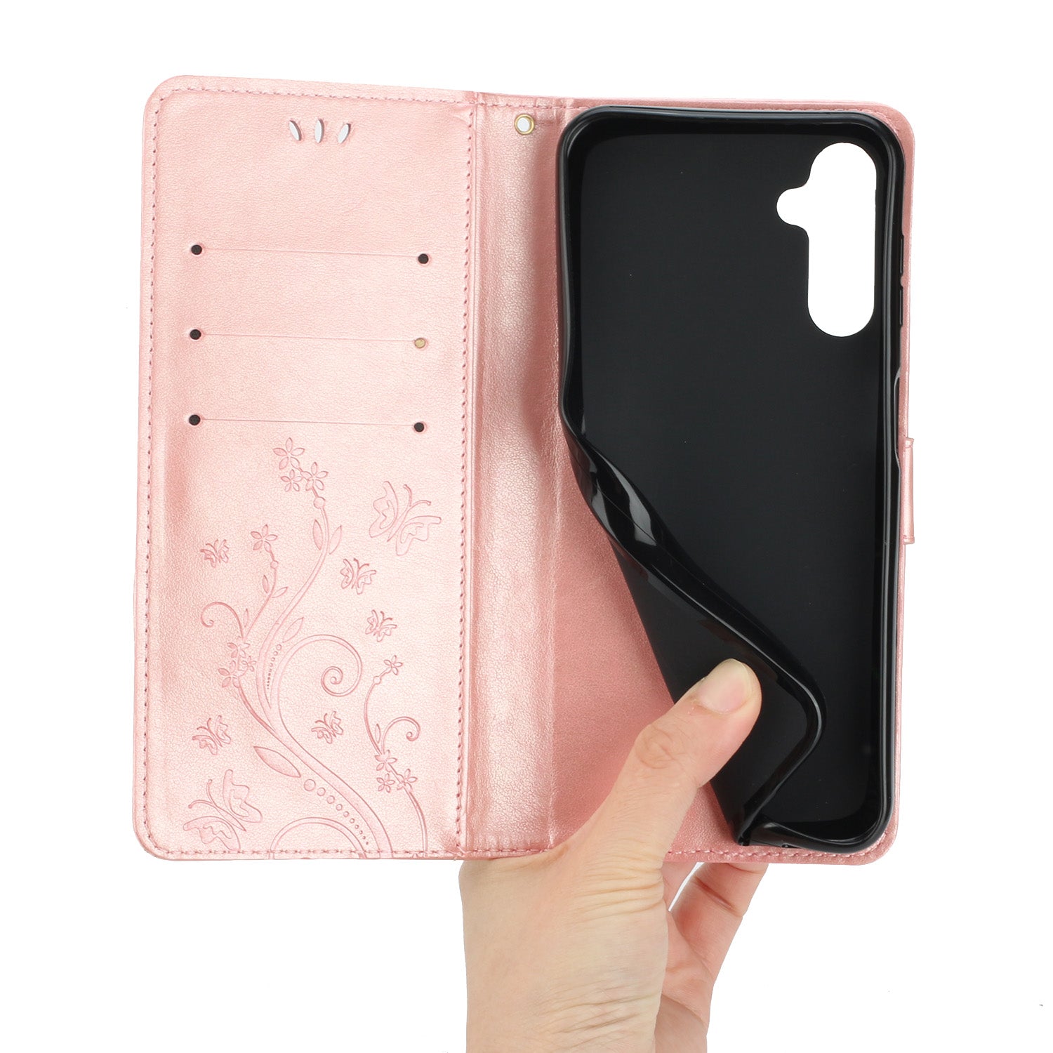Uniqkart for Samsung Galaxy M14 5G Imprinted Butterflies PU Leather Phone Case Wallet Cover Stand with Strap - Rose Gold