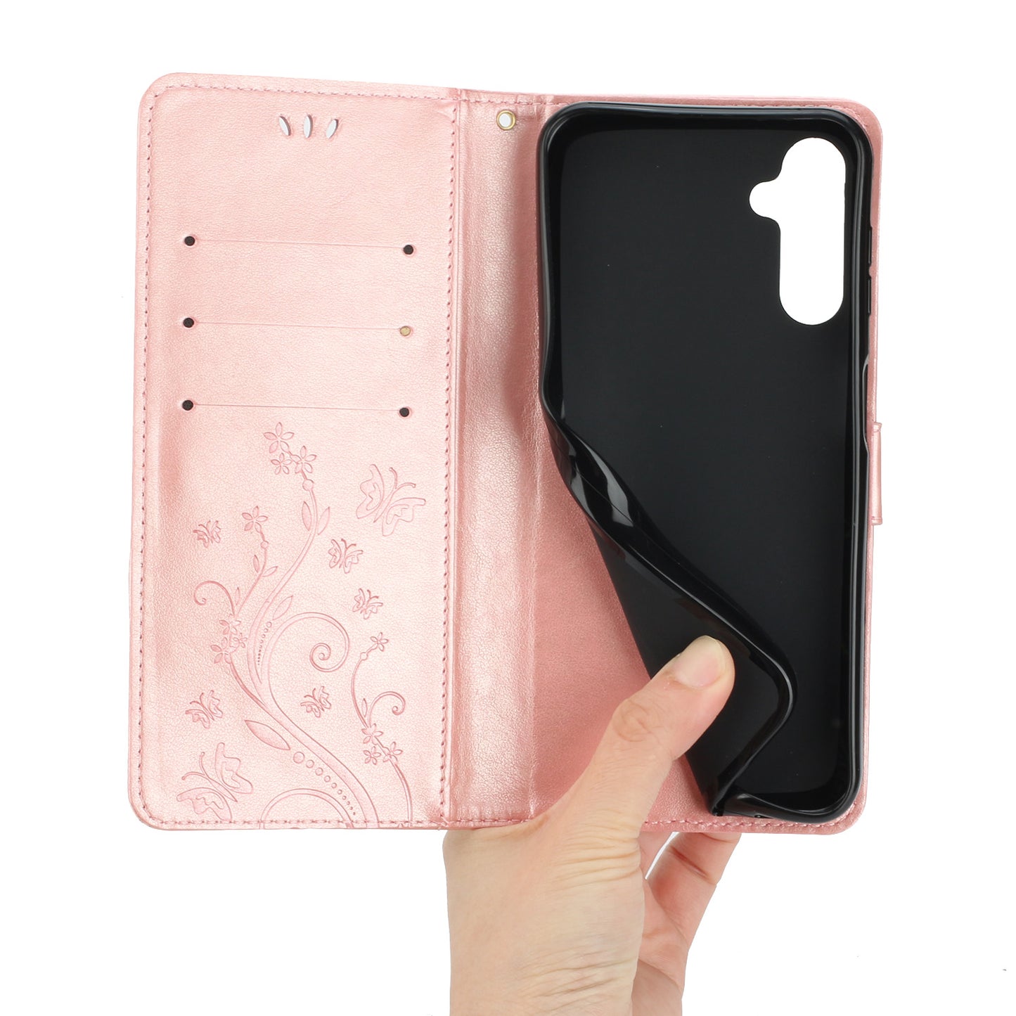 Uniqkart for Samsung Galaxy M14 5G Imprinted Butterflies PU Leather Phone Case Wallet Cover Stand with Strap - Rose Gold