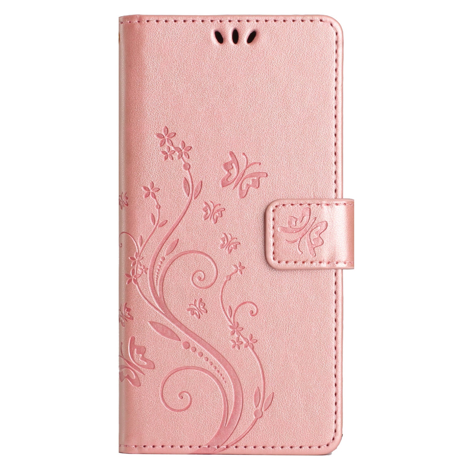 Uniqkart for Samsung Galaxy M14 5G Imprinted Butterflies PU Leather Phone Case Wallet Cover Stand with Strap - Rose Gold