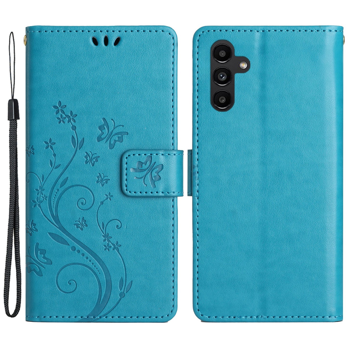 Uniqkart for Samsung Galaxy M14 5G Imprinted Butterflies PU Leather Phone Case Wallet Cover Stand with Strap - Blue
