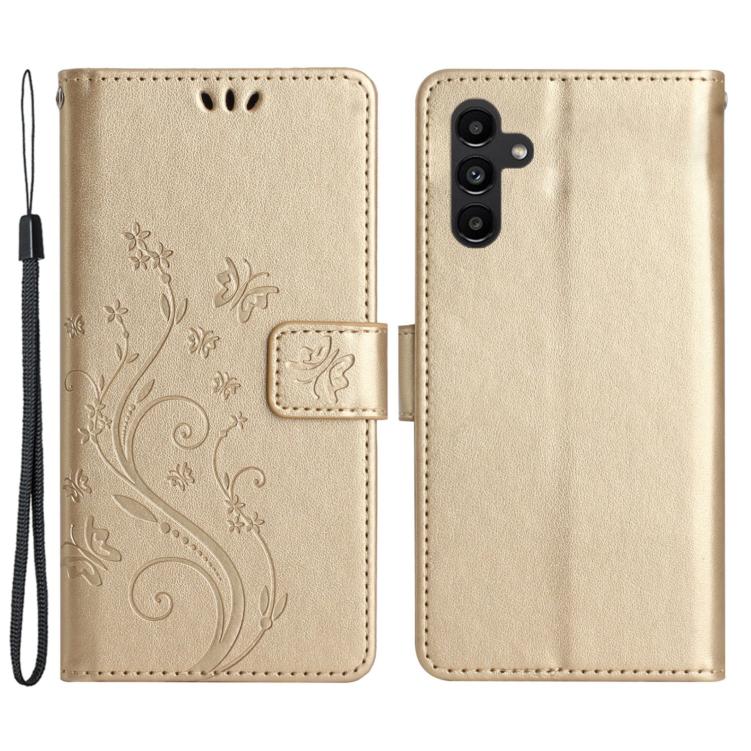 Uniqkart for Samsung Galaxy M54 5G / F54 5G Phone Case Imprinted Butterflies PU Leather Wallet Cover Stand with Strap - Gold
