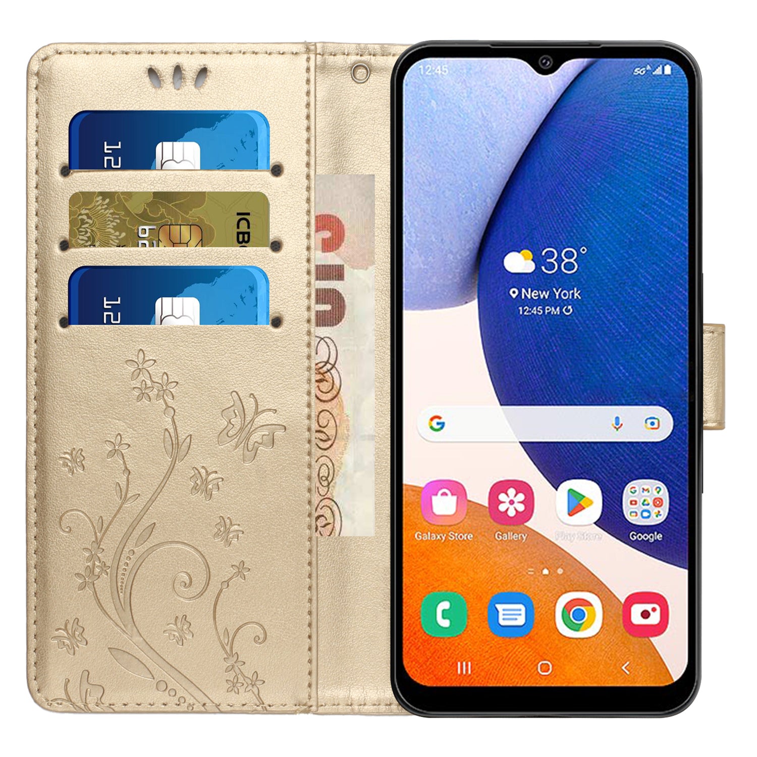 Uniqkart for Samsung Galaxy M54 5G / F54 5G Phone Case Imprinted Butterflies PU Leather Wallet Cover Stand with Strap - Gold