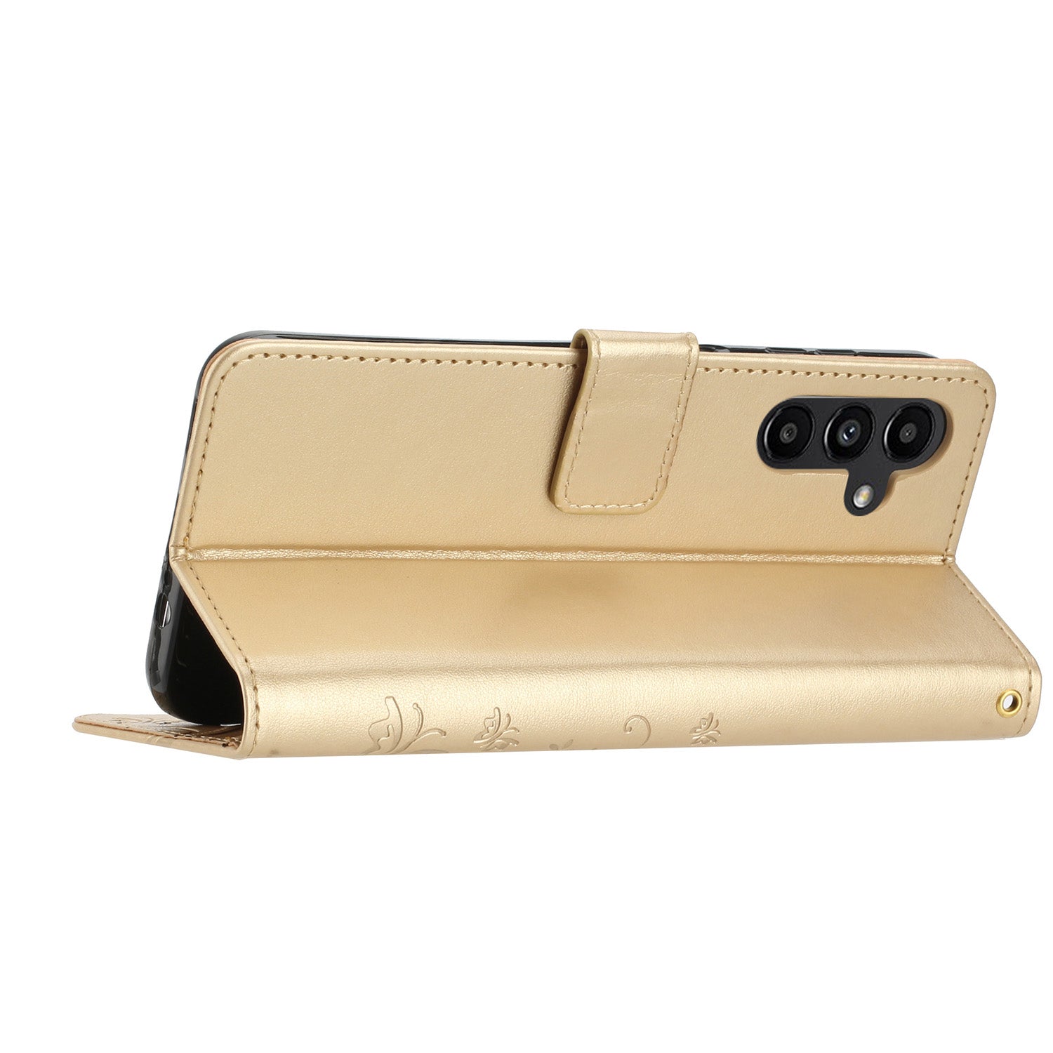 Uniqkart for Samsung Galaxy M54 5G / F54 5G Phone Case Imprinted Butterflies PU Leather Wallet Cover Stand with Strap - Gold