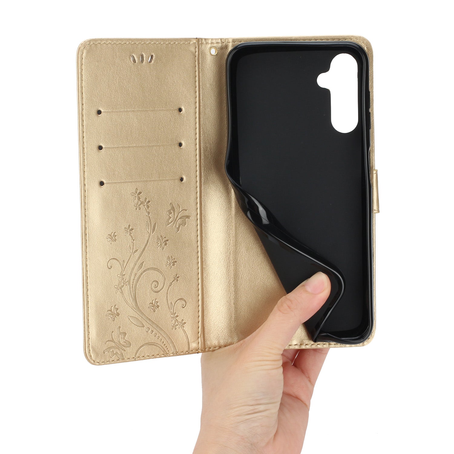 Uniqkart for Samsung Galaxy M54 5G / F54 5G Phone Case Imprinted Butterflies PU Leather Wallet Cover Stand with Strap - Gold