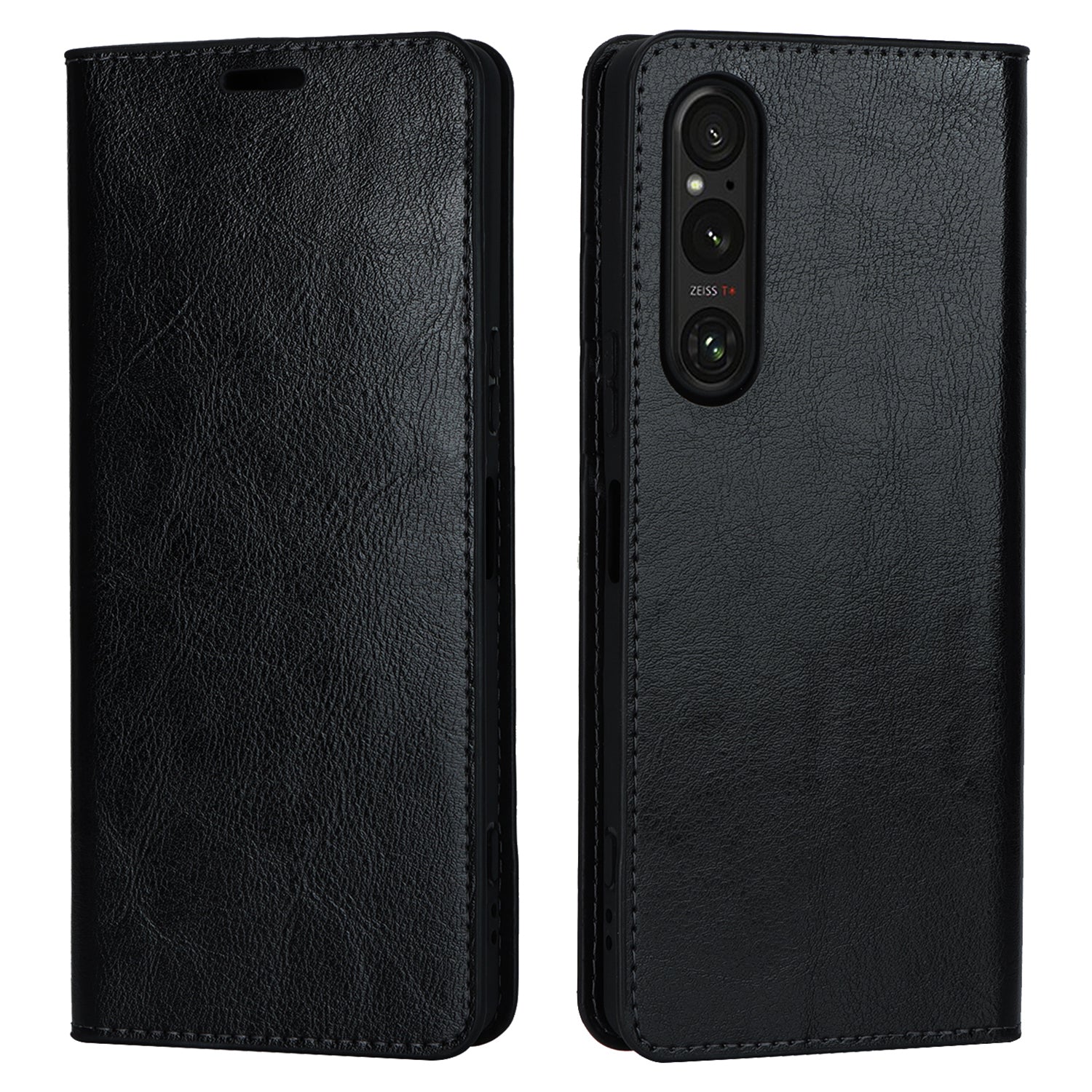 Uniqkart for Sony Xperia 1 V Stand Flip Wallet Crazy Horse Texture Genuine Cow Leather Cover Phone Case - Black