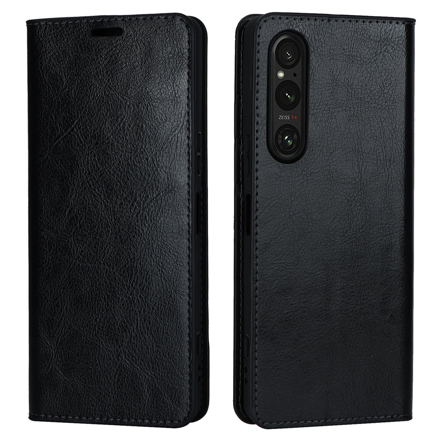 Uniqkart for Sony Xperia 1 V Stand Flip Wallet Crazy Horse Texture Genuine Cow Leather Cover Phone Case - Black