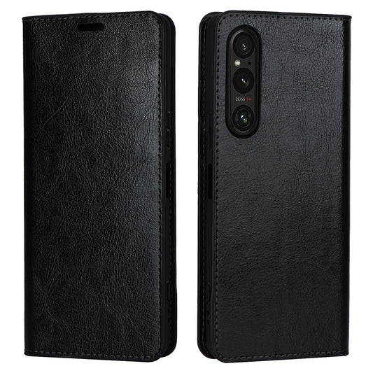 Uniqkart for Sony Xperia 1 V Stand Flip Wallet Crazy Horse Texture Genuine Cow Leather Cover Phone Case - Black