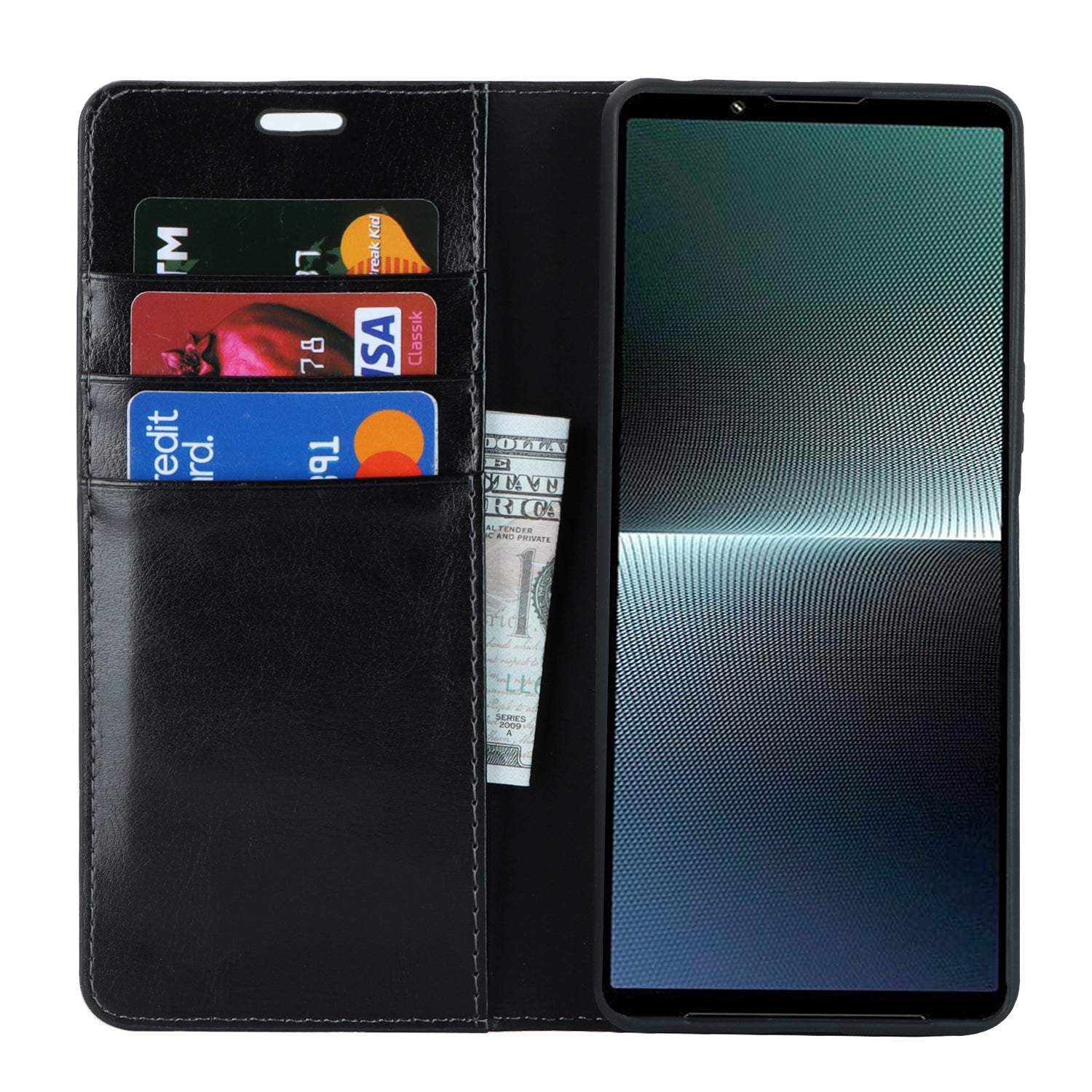 Uniqkart for Sony Xperia 1 V Stand Flip Wallet Crazy Horse Texture Genuine Cow Leather Cover Phone Case - Black