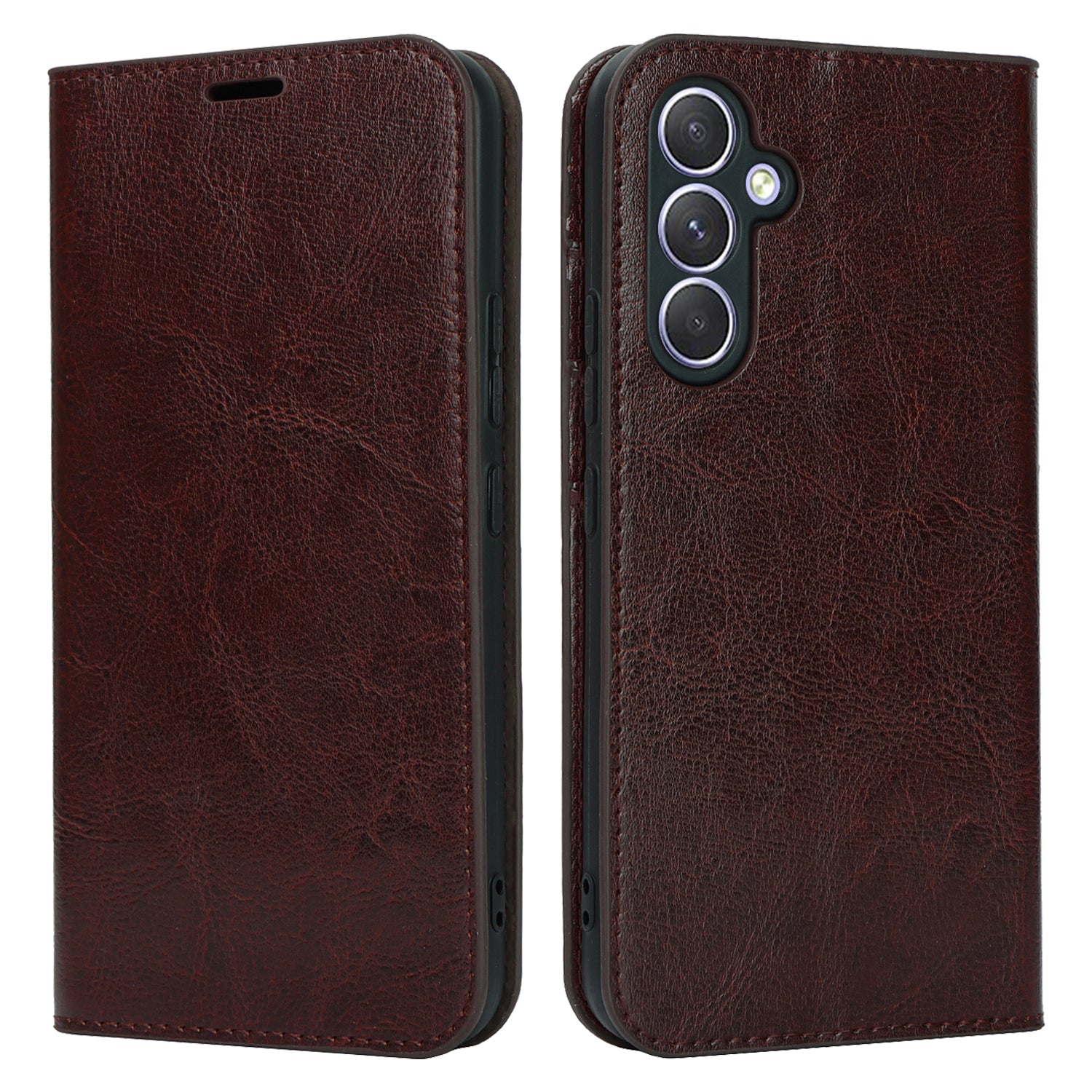 Stand Wallet for Samsung Galaxy A54 5G Crazy Horse Texture Genuine Cow Leather Cover Phone Case - Dark Brown