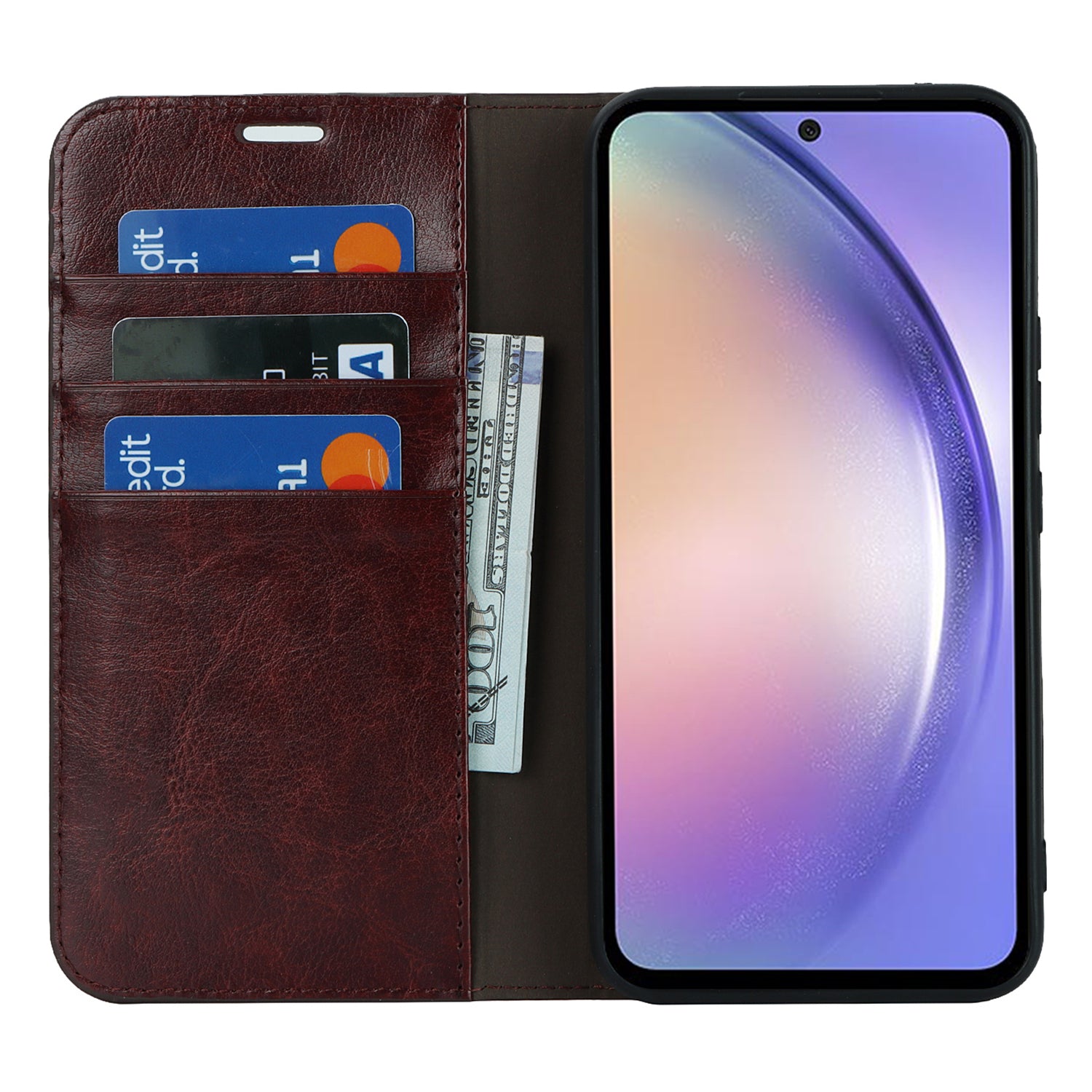 Stand Wallet for Samsung Galaxy A54 5G Crazy Horse Texture Genuine Cow Leather Cover Phone Case - Dark Brown
