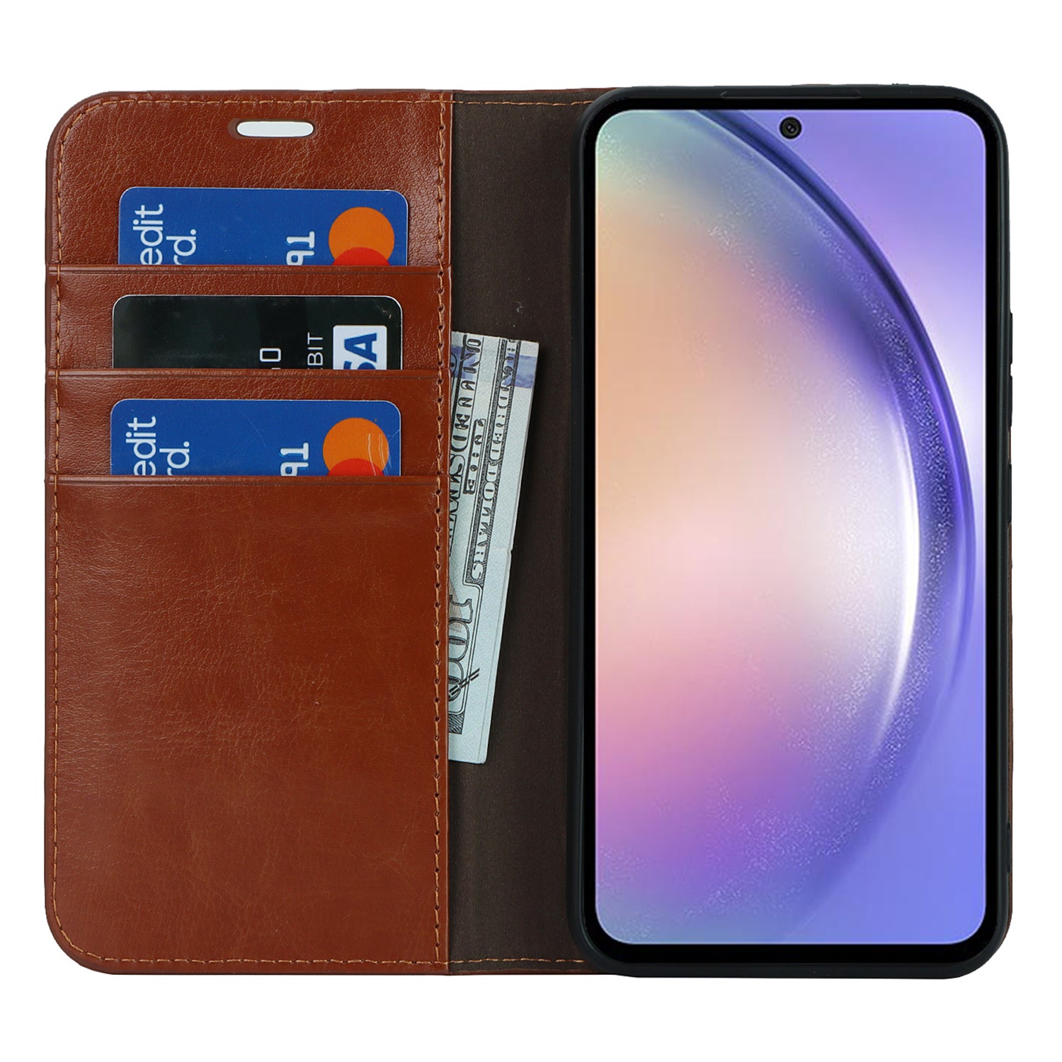 Stand Wallet for Samsung Galaxy A54 5G Crazy Horse Texture Genuine Cow Leather Cover Phone Case - Light Brown