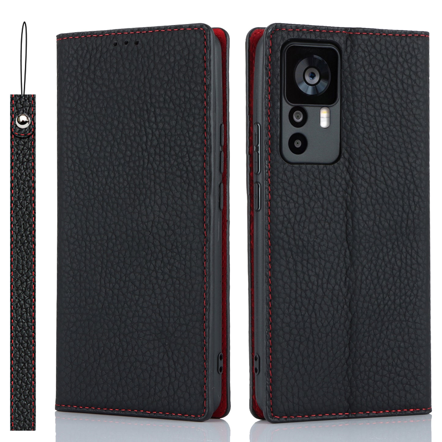 Stand Wallet Cover for Xiaomi 12T 5G / 12T Pro 5G / Redmi K50 Ultra Litchi Texture Genuine Cow Leather Phone Case with Strap - Black