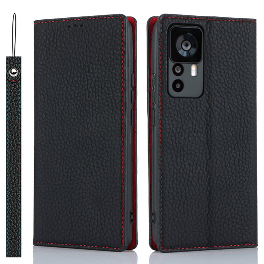 Stand Wallet Cover for Xiaomi 12T 5G / 12T Pro 5G / Redmi K50 Ultra Litchi Texture Genuine Cow Leather Phone Case with Strap - Black