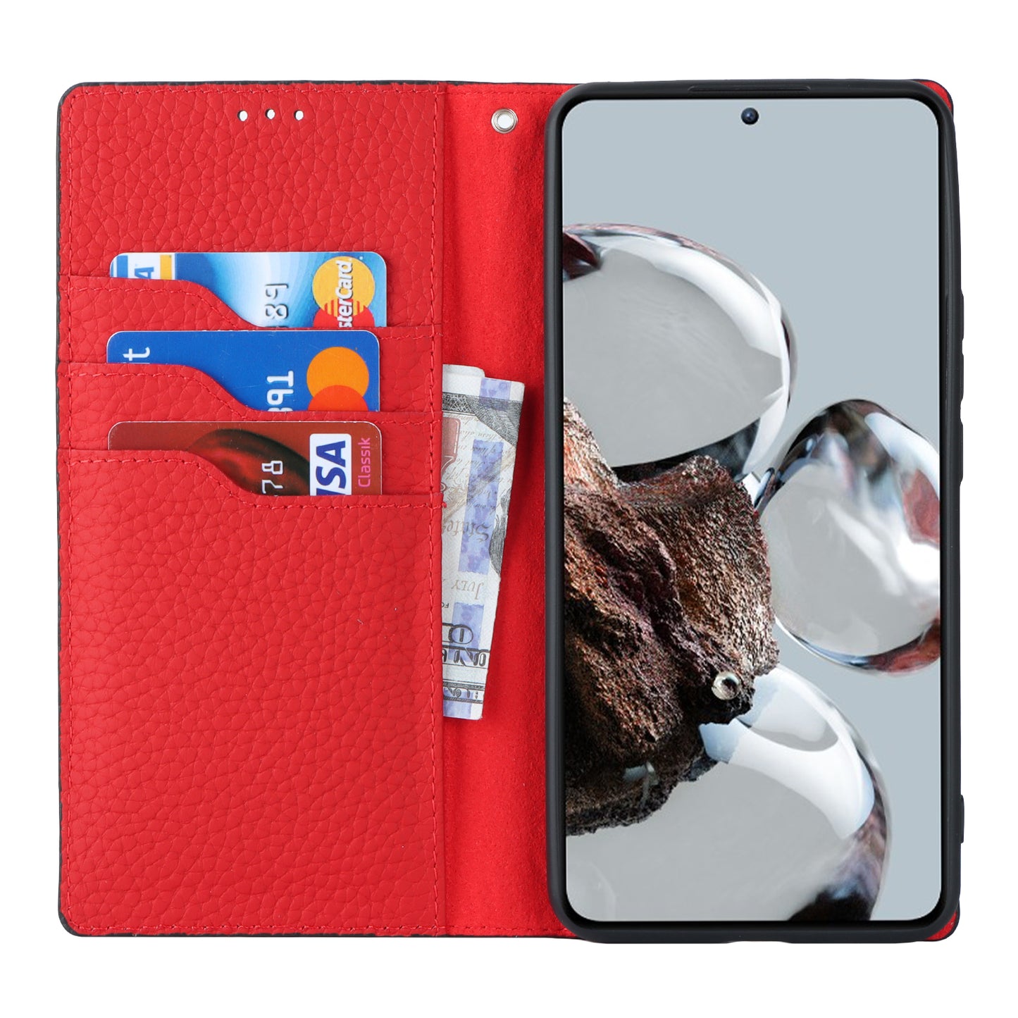 Stand Wallet Cover for Xiaomi 12T 5G / 12T Pro 5G / Redmi K50 Ultra Litchi Texture Genuine Cow Leather Phone Case with Strap - Black