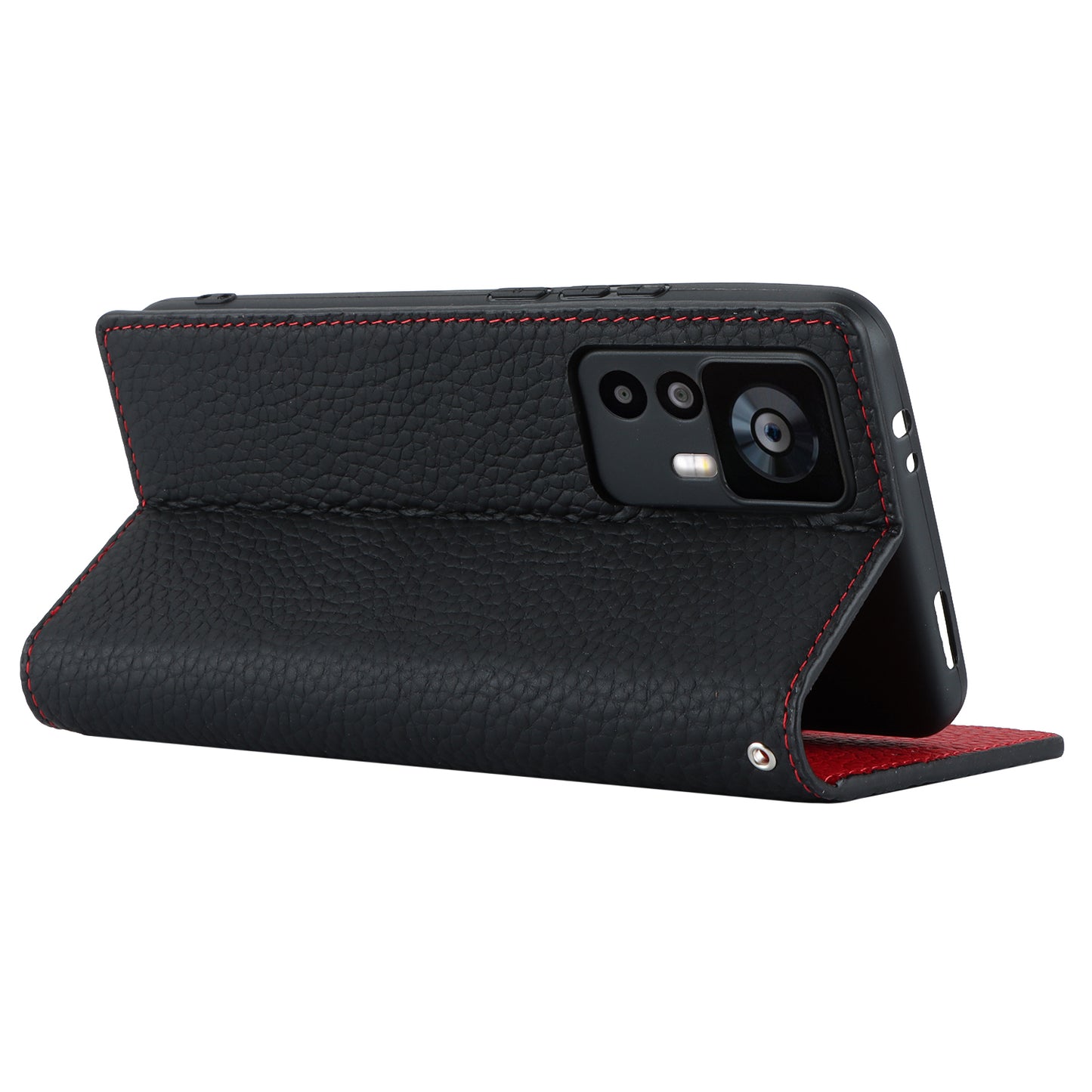 Stand Wallet Cover for Xiaomi 12T 5G / 12T Pro 5G / Redmi K50 Ultra Litchi Texture Genuine Cow Leather Phone Case with Strap - Black