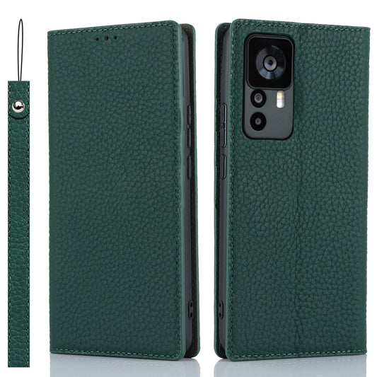 Stand Wallet Cover for Xiaomi 12T 5G / 12T Pro 5G / Redmi K50 Ultra Litchi Texture Genuine Cow Leather Phone Case with Strap - Green