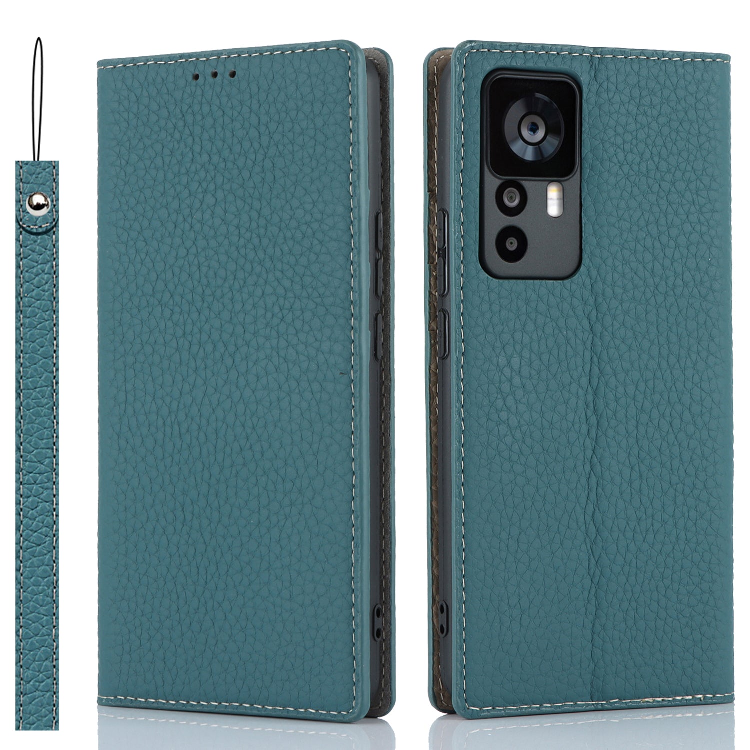 Stand Wallet Cover for Xiaomi 12T 5G / 12T Pro 5G / Redmi K50 Ultra Litchi Texture Genuine Cow Leather Phone Case with Strap - Baby Blue
