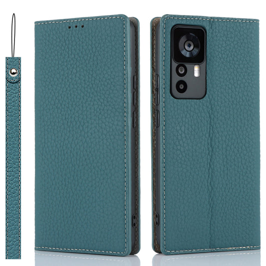 Stand Wallet Cover for Xiaomi 12T 5G / 12T Pro 5G / Redmi K50 Ultra Litchi Texture Genuine Cow Leather Phone Case with Strap - Baby Blue