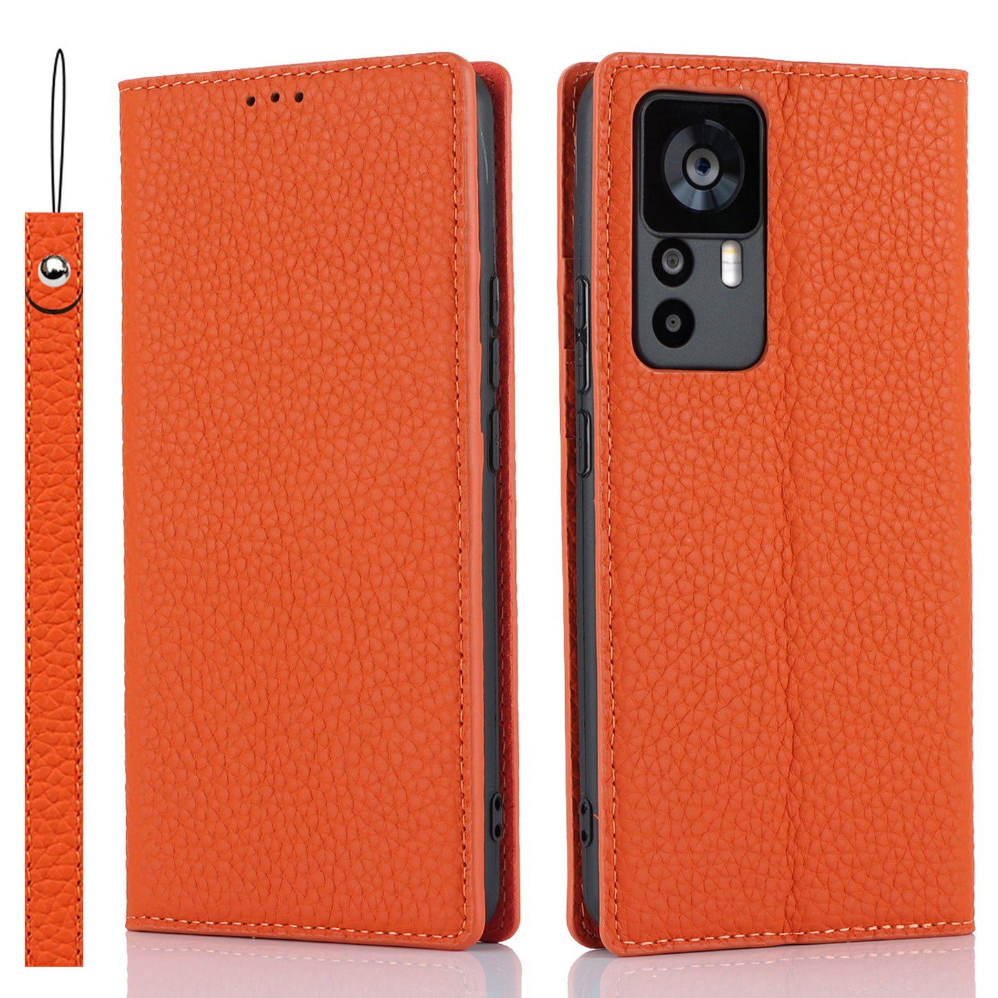 Stand Wallet Cover for Xiaomi 12T 5G / 12T Pro 5G / Redmi K50 Ultra Litchi Texture Genuine Cow Leather Phone Case with Strap - Orange