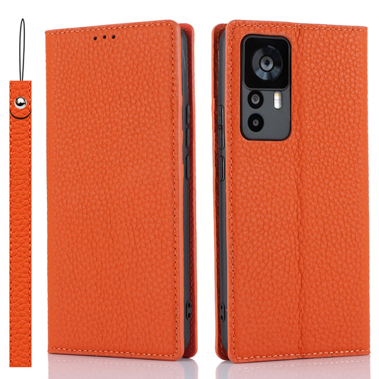 Stand Wallet Cover for Xiaomi 12T 5G / 12T Pro 5G / Redmi K50 Ultra Litchi Texture Genuine Cow Leather Phone Case with Strap - Orange