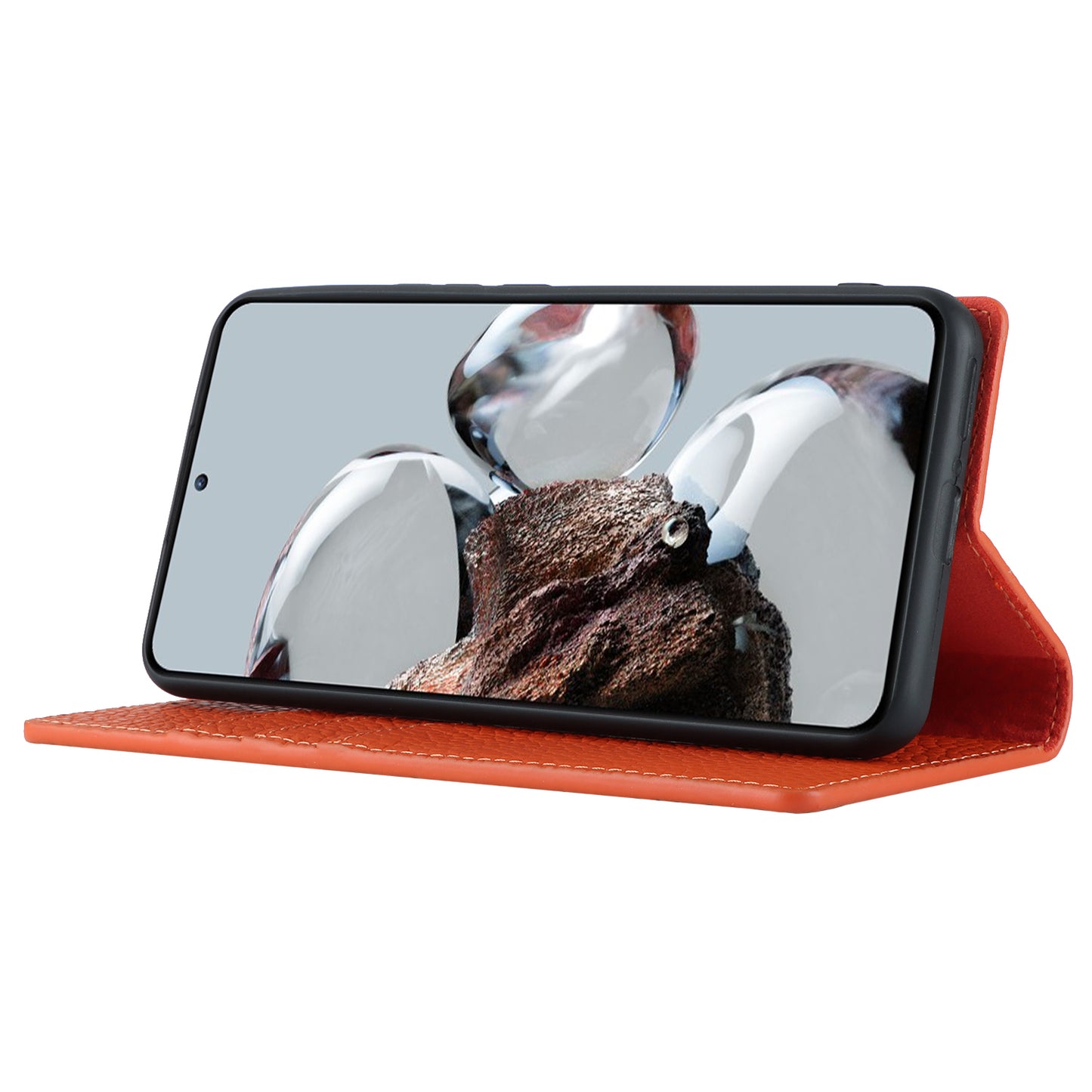Stand Wallet Cover for Xiaomi 12T 5G / 12T Pro 5G / Redmi K50 Ultra Litchi Texture Genuine Cow Leather Phone Case with Strap - Orange