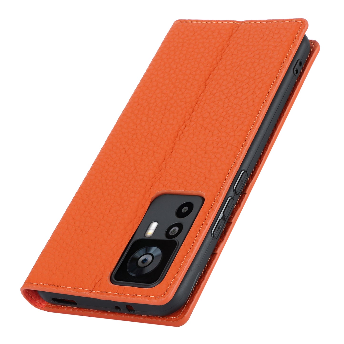 Stand Wallet Cover for Xiaomi 12T 5G / 12T Pro 5G / Redmi K50 Ultra Litchi Texture Genuine Cow Leather Phone Case with Strap - Orange